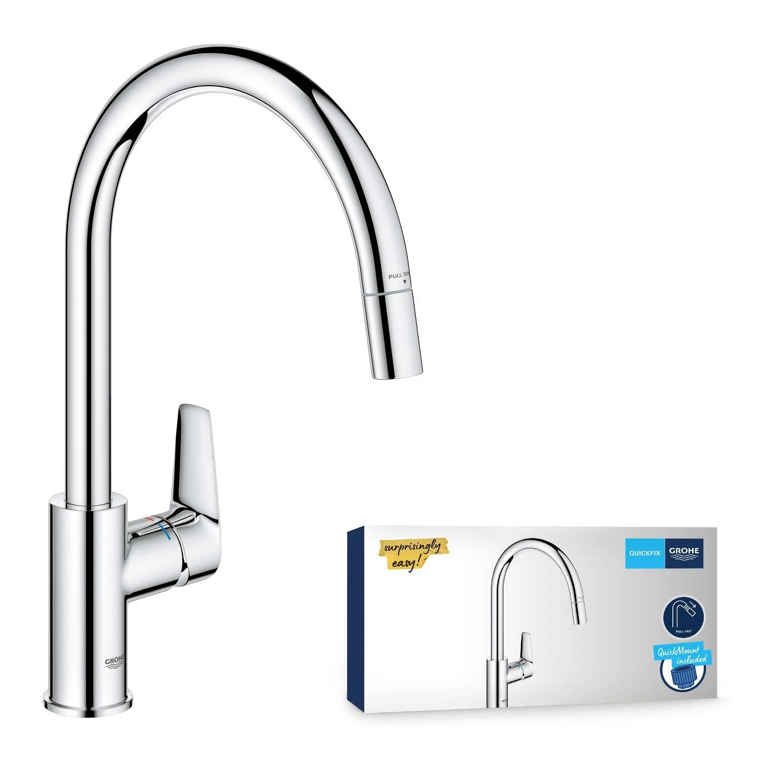 Chromowana bateria kuchenna widok z przodu z opakowaniem, Grohe