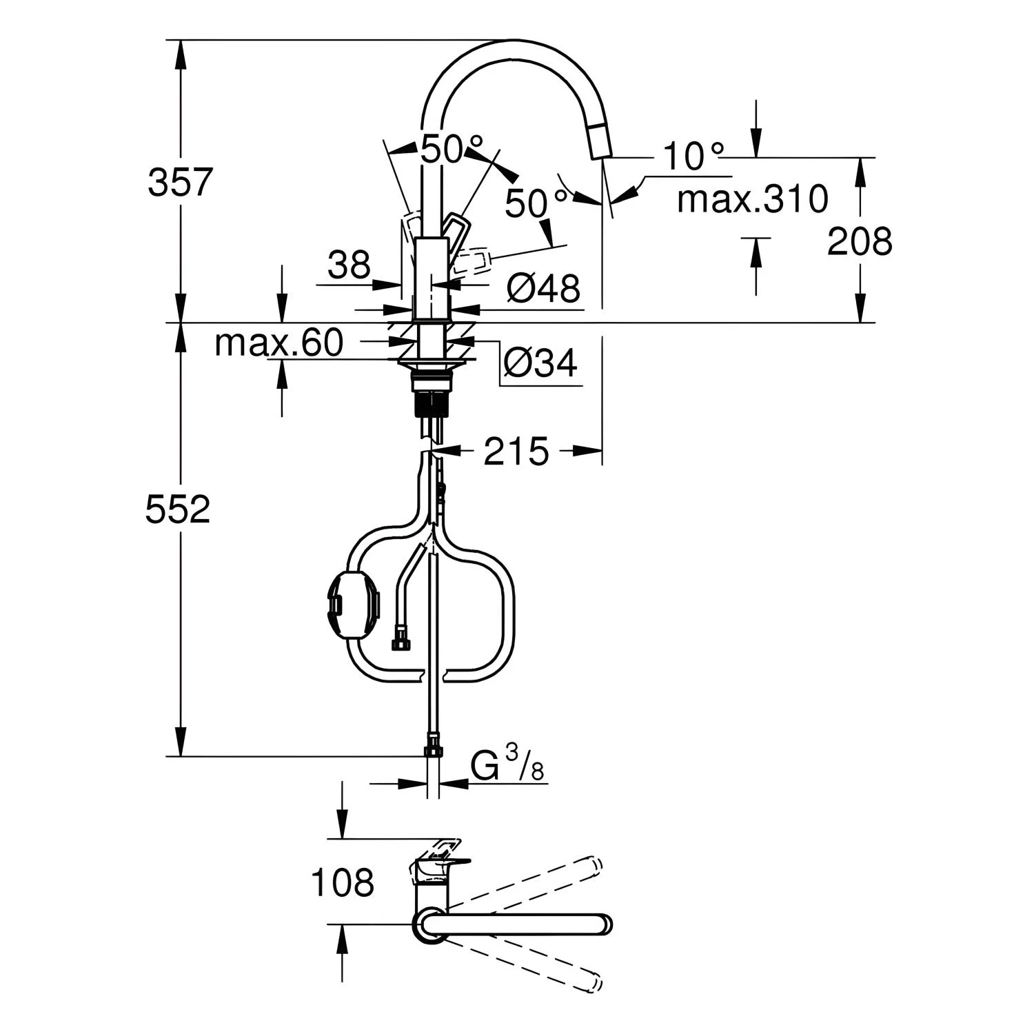 Rysunek techniczny baterii kuchennej z wymiarami, Grohe