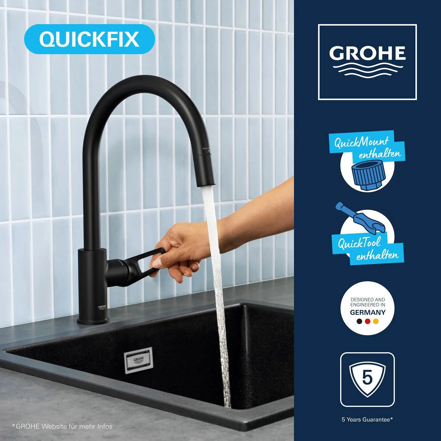 Czarna bateria kuchenna nad zlewem, Grohe