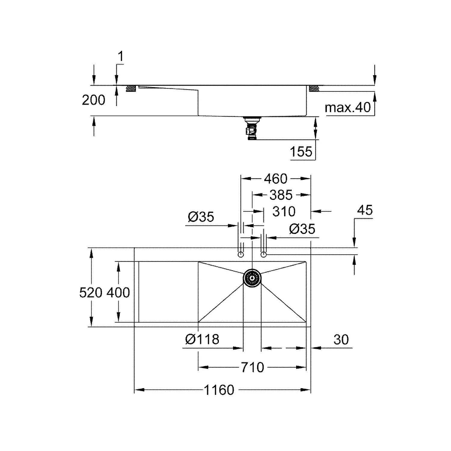 GROHE K1000 Edelstahl-Einbauspüle 116 x 52 cm mit Abtropffläche, Becken rechts Bild 2