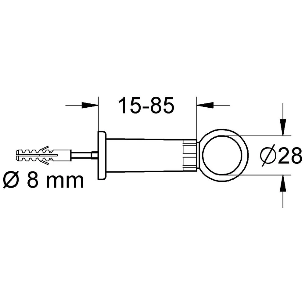 Rysunek techniczny obejmy rury spłukującej z wymiarami, Grohe
