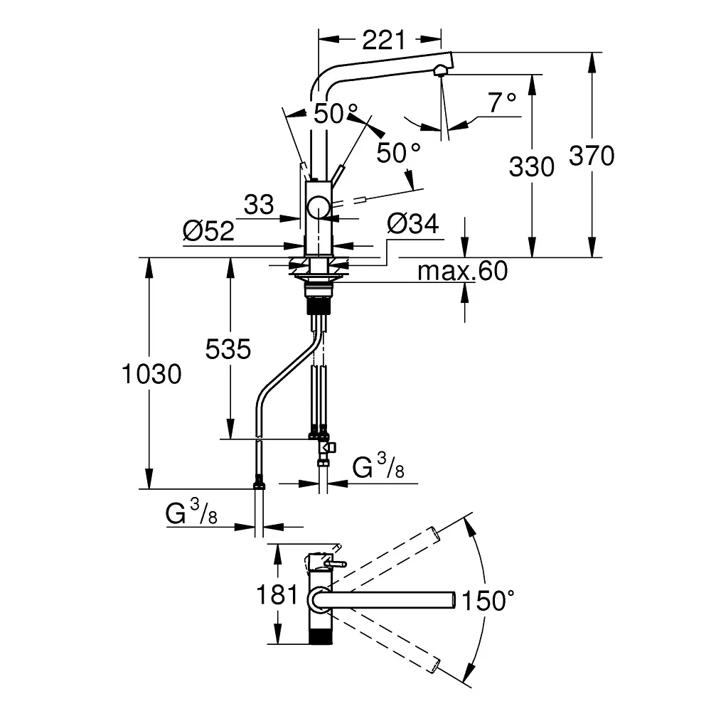 Rysunek techniczny kranu z wymiarami, Grohe