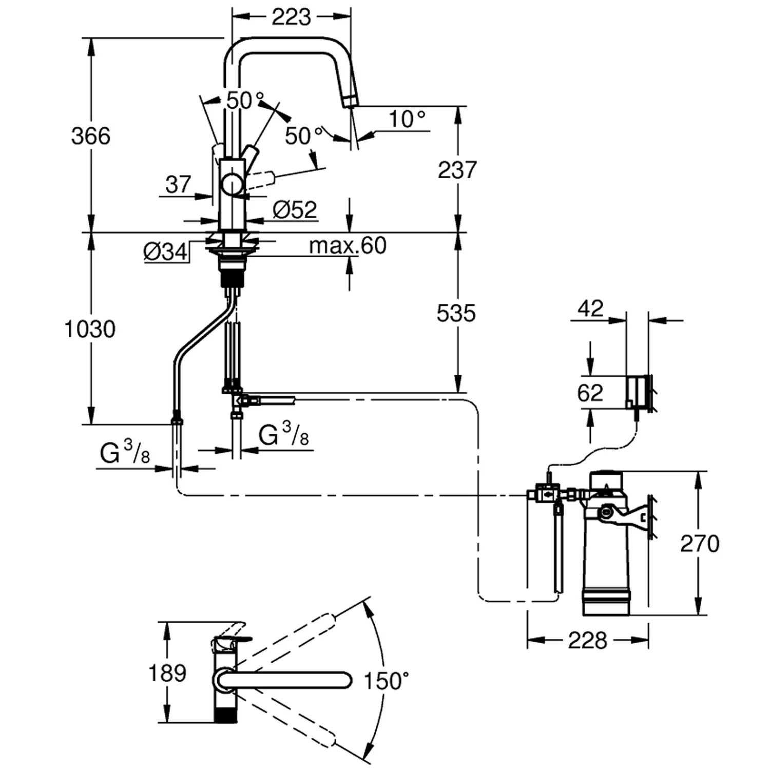 Rysunek techniczny kranu z połączeniami, Grohe
