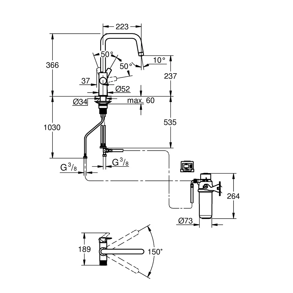 Rysunek techniczny kranu z wymiarami, Grohe