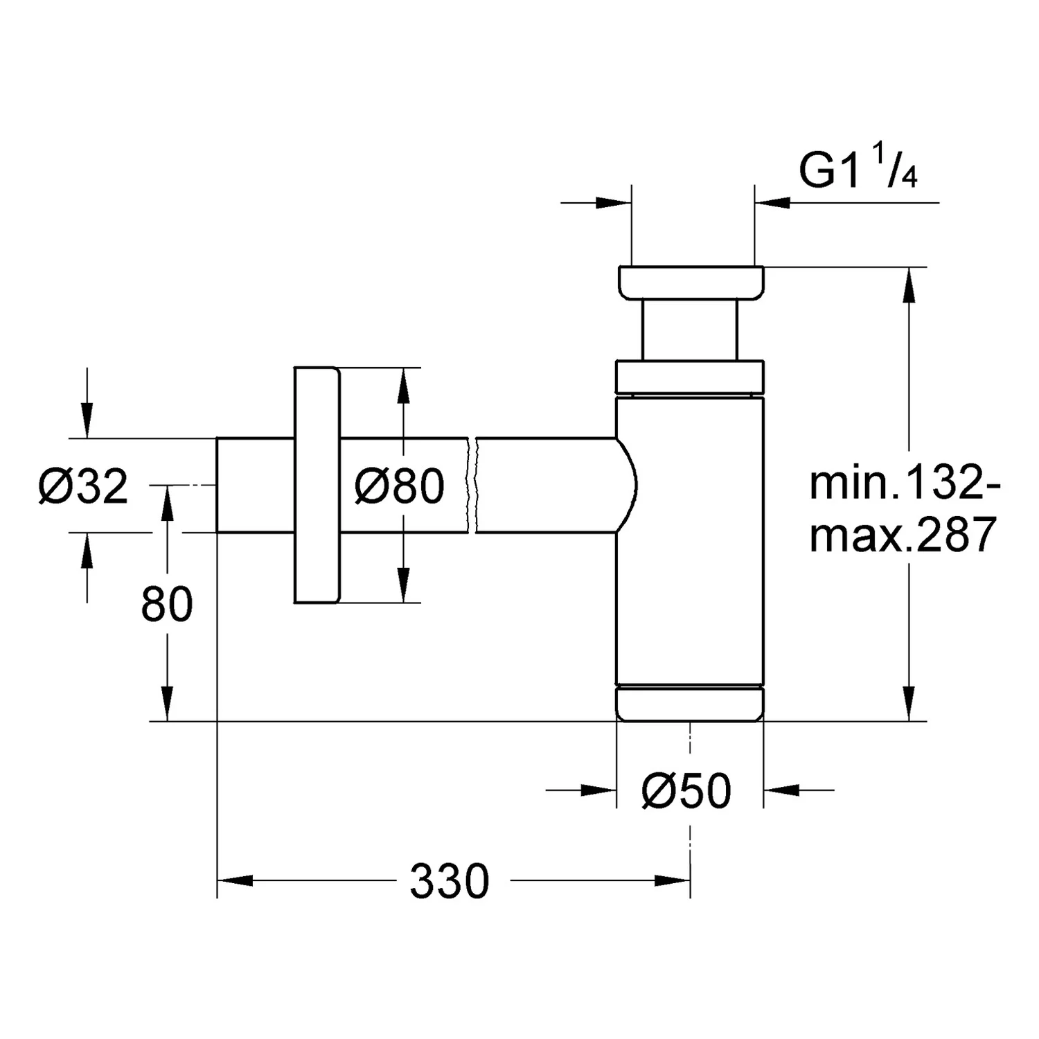 Rysunek techniczny syfonu z wymiarami, Grohe