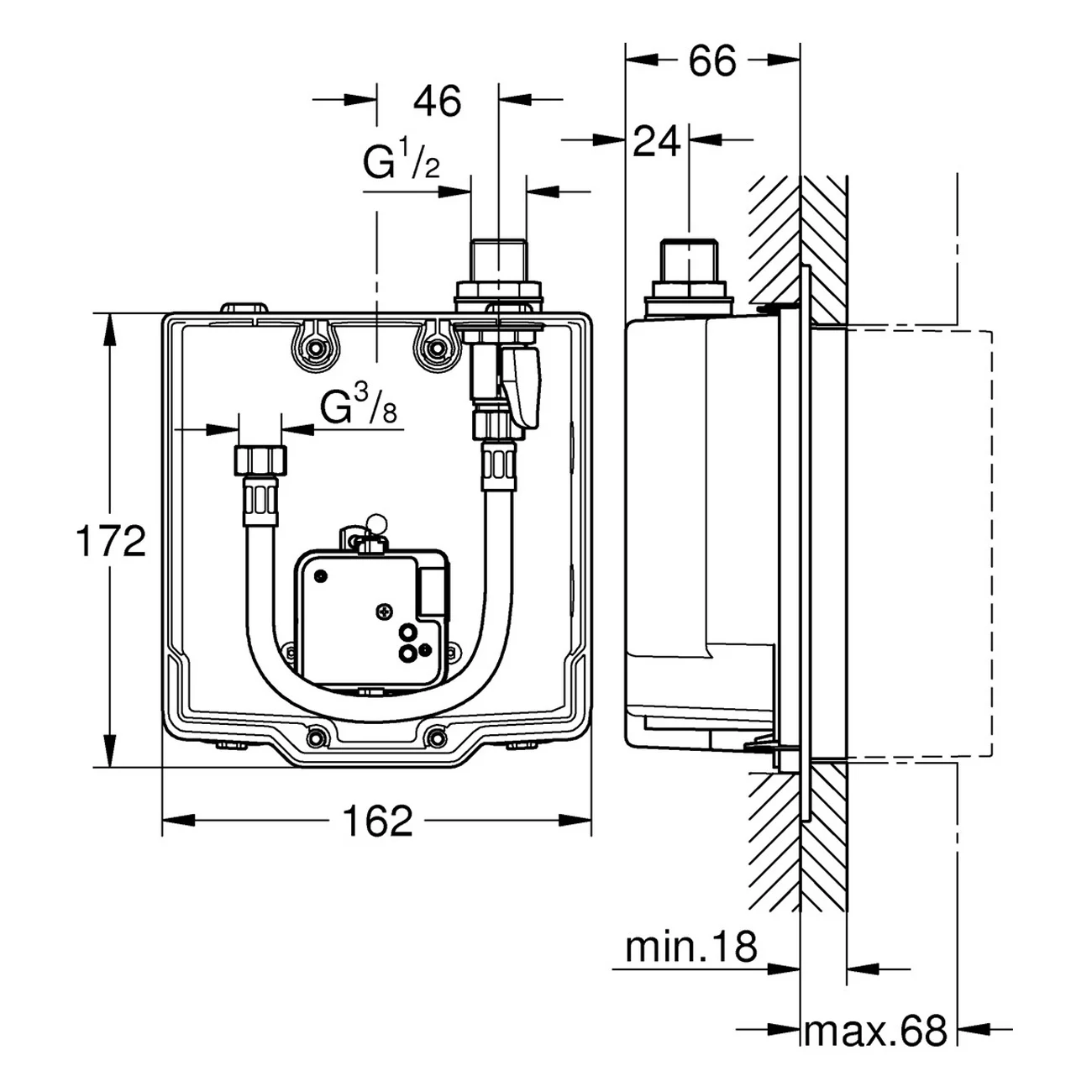 Rysunek techniczny korpusu bazowego z wymiarami, Grohe