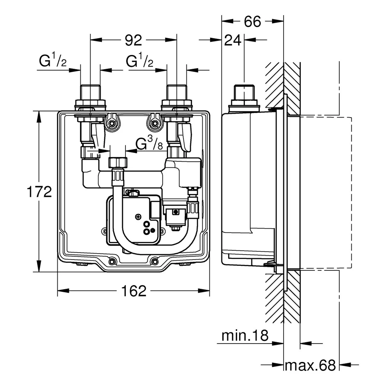 Rysunek techniczny korpusu bazowego z wymiarami, Grohe