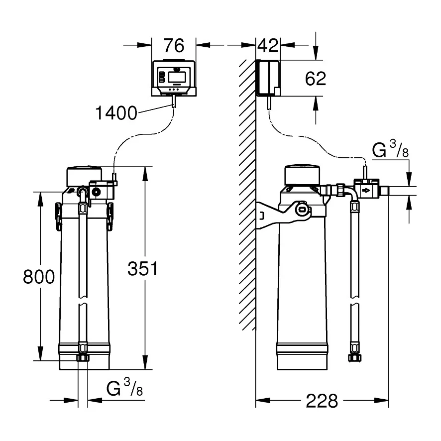 Rysunek techniczny filtra wody z wymiarami, Grohe
