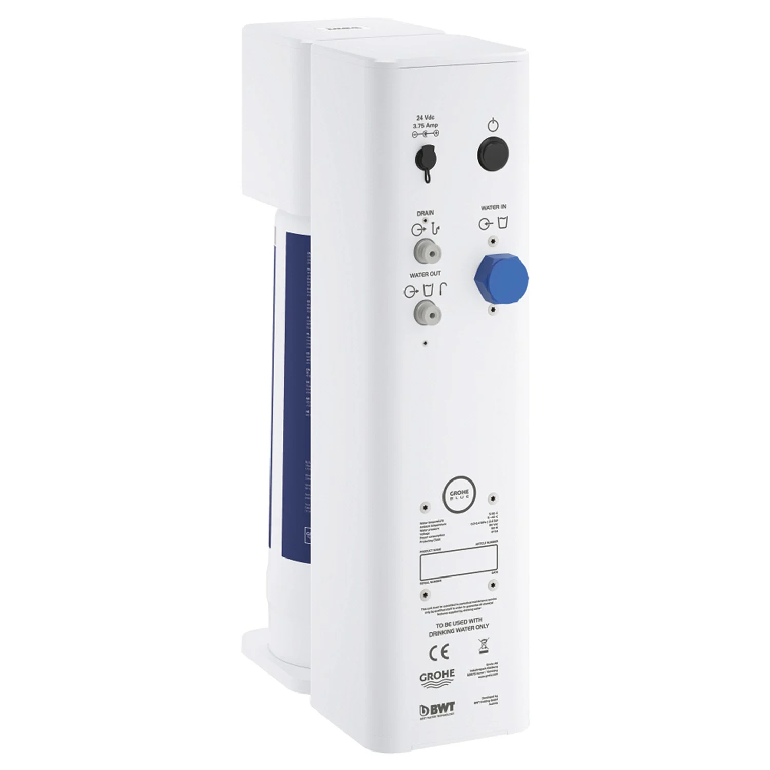Widok z boku systemu filtracji Grohe Blue biały, Grohe