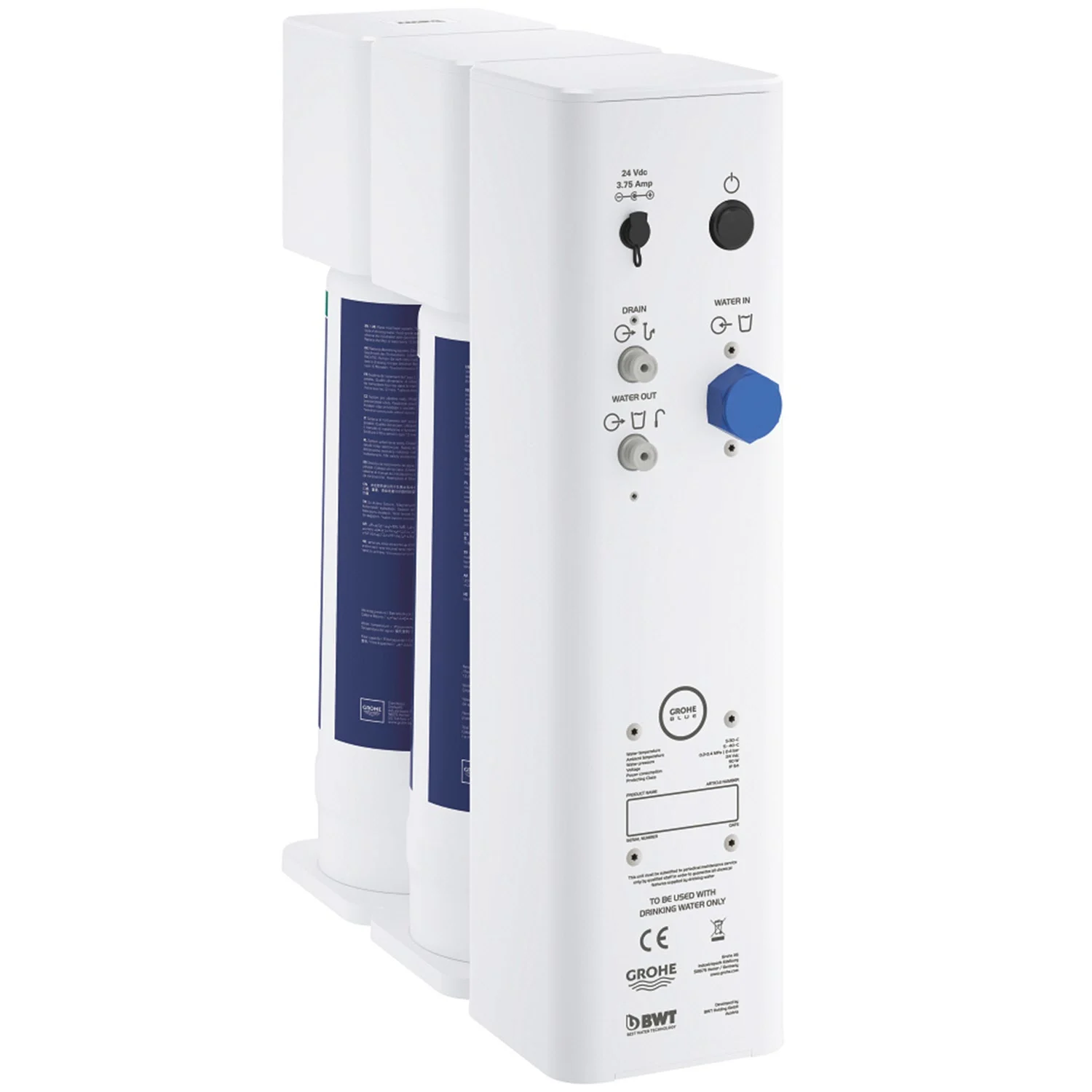Widok z boku systemu filtracji Grohe Blue biały, Grohe