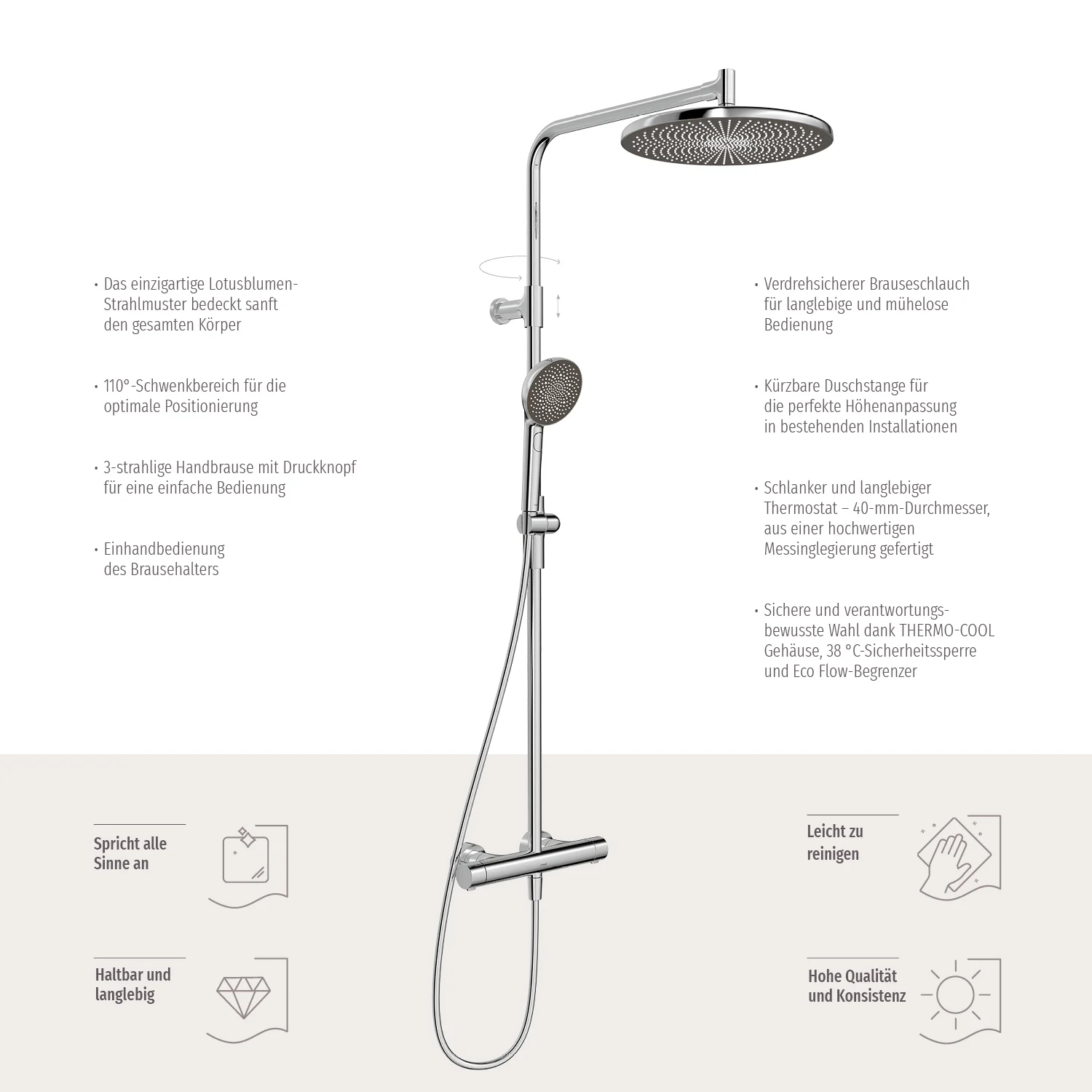 Hansa HANSAAURELIA Duschsystem mit Thermostat-Brausebatterie mit Kopfbrause rund und Handbrause rund 3-strahlig Bild 12