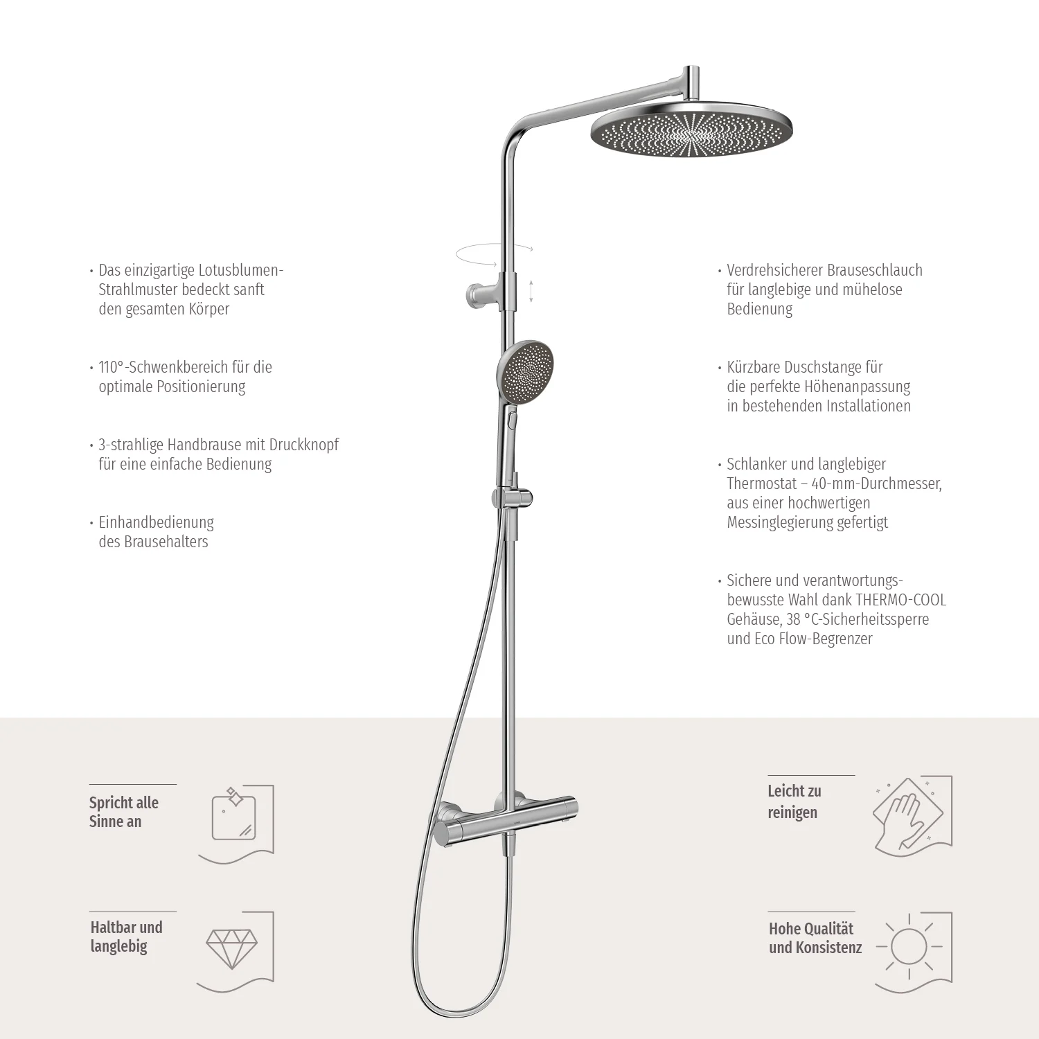 Hansa HANSAAURELIA Duschsystem mit Thermostat-Brausebatterie mit Kopfbrause rund und Handbrause rund 3-strahlig Bild 12
