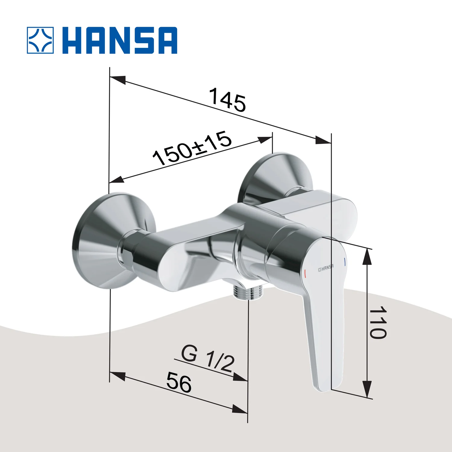 Rysunek techniczny baterii prysznicowej z wymiarami, Hansa
