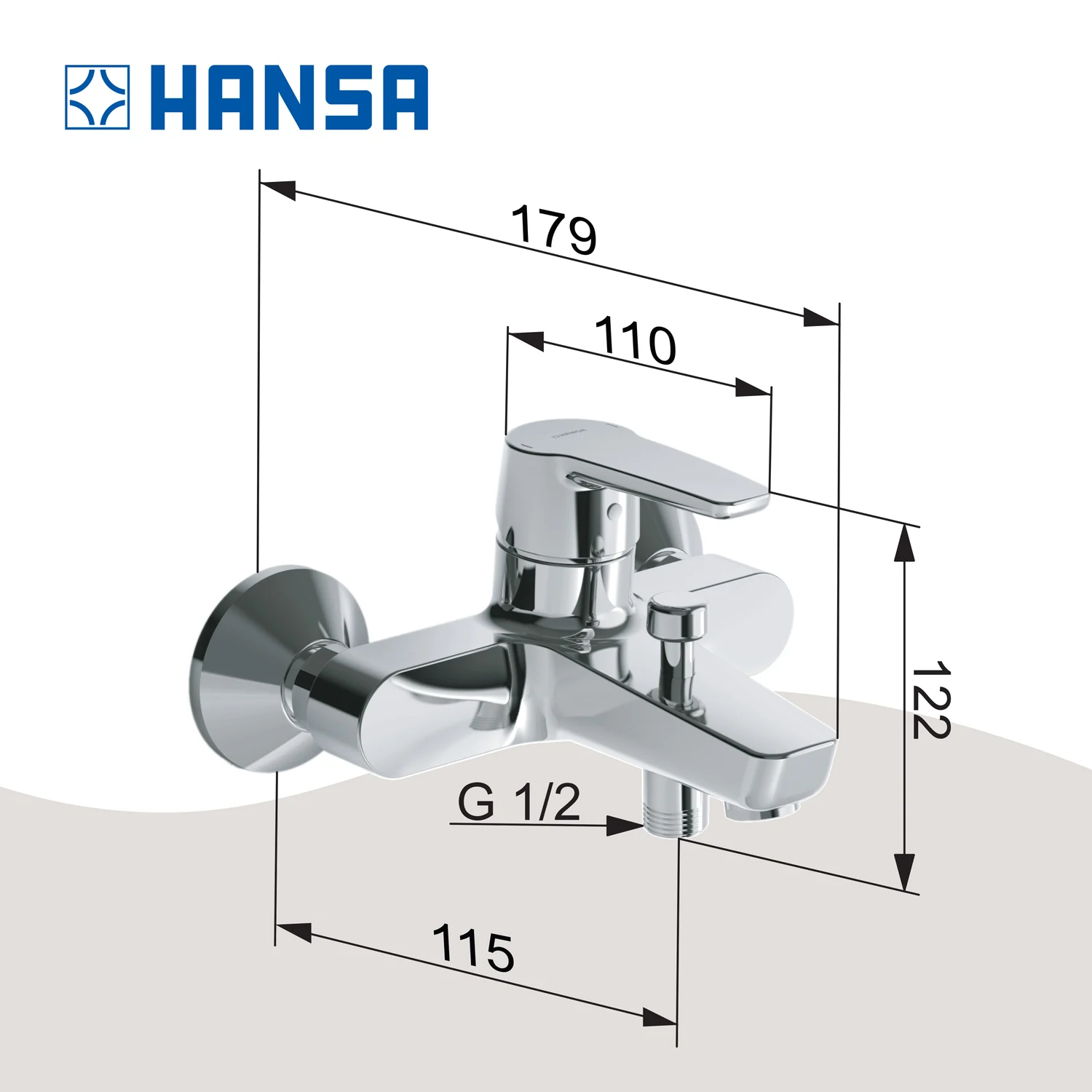Rysunek techniczny baterii wannowej z wymiarami, Hansa