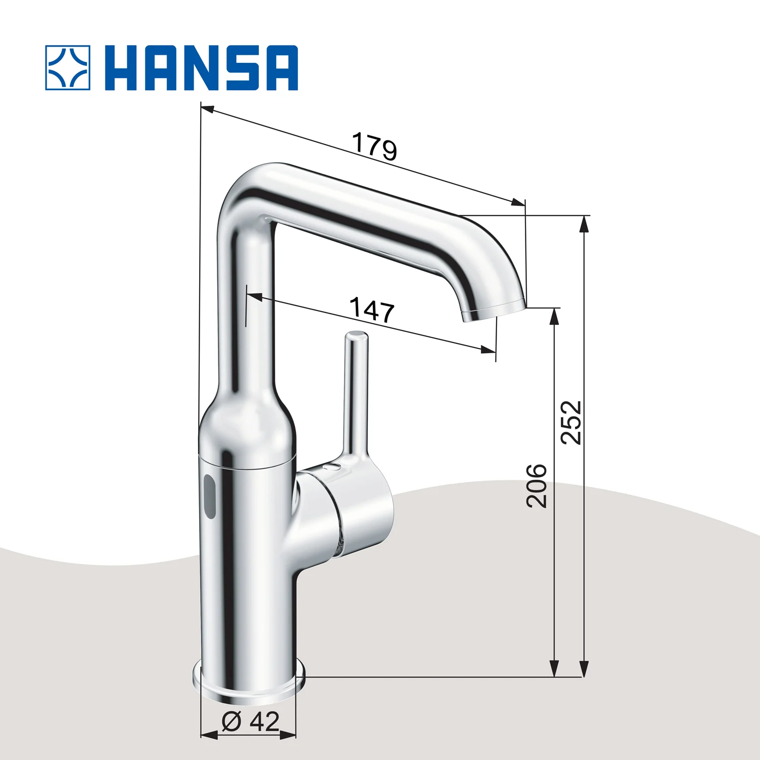 Rysunek techniczny baterii umywalkowej z wymiarami, Hansa