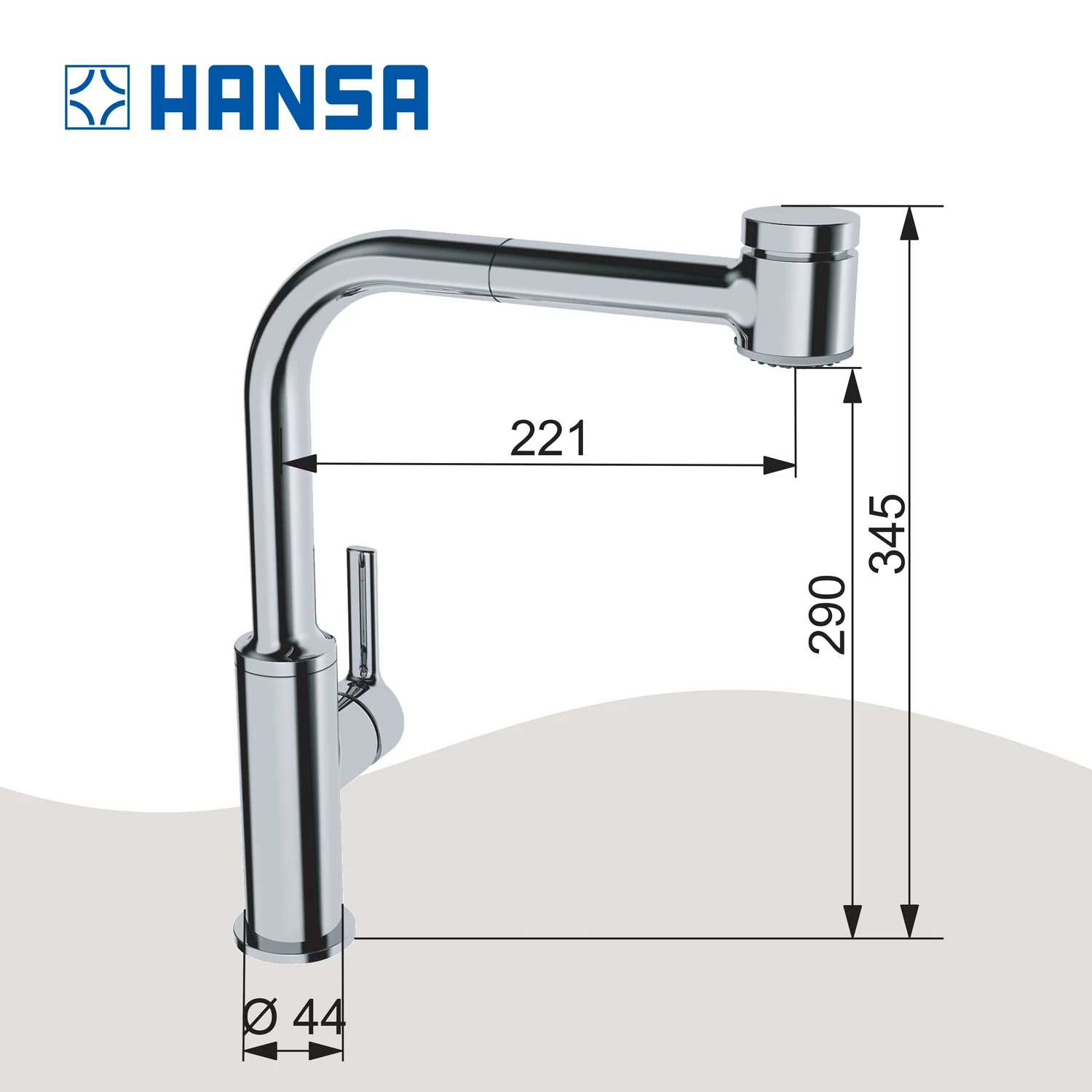 Diagram z wymiarami kranu, Hansa
