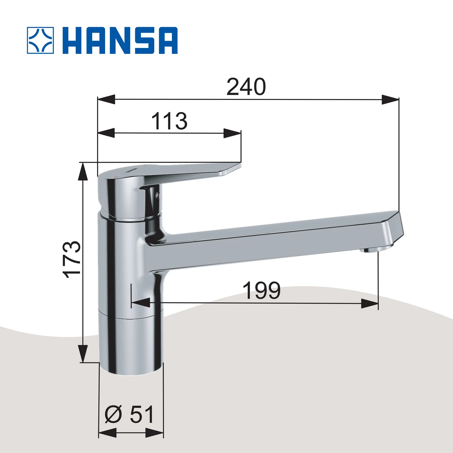 Rysunek techniczny baterii kuchennej z wymiarami, Hansa