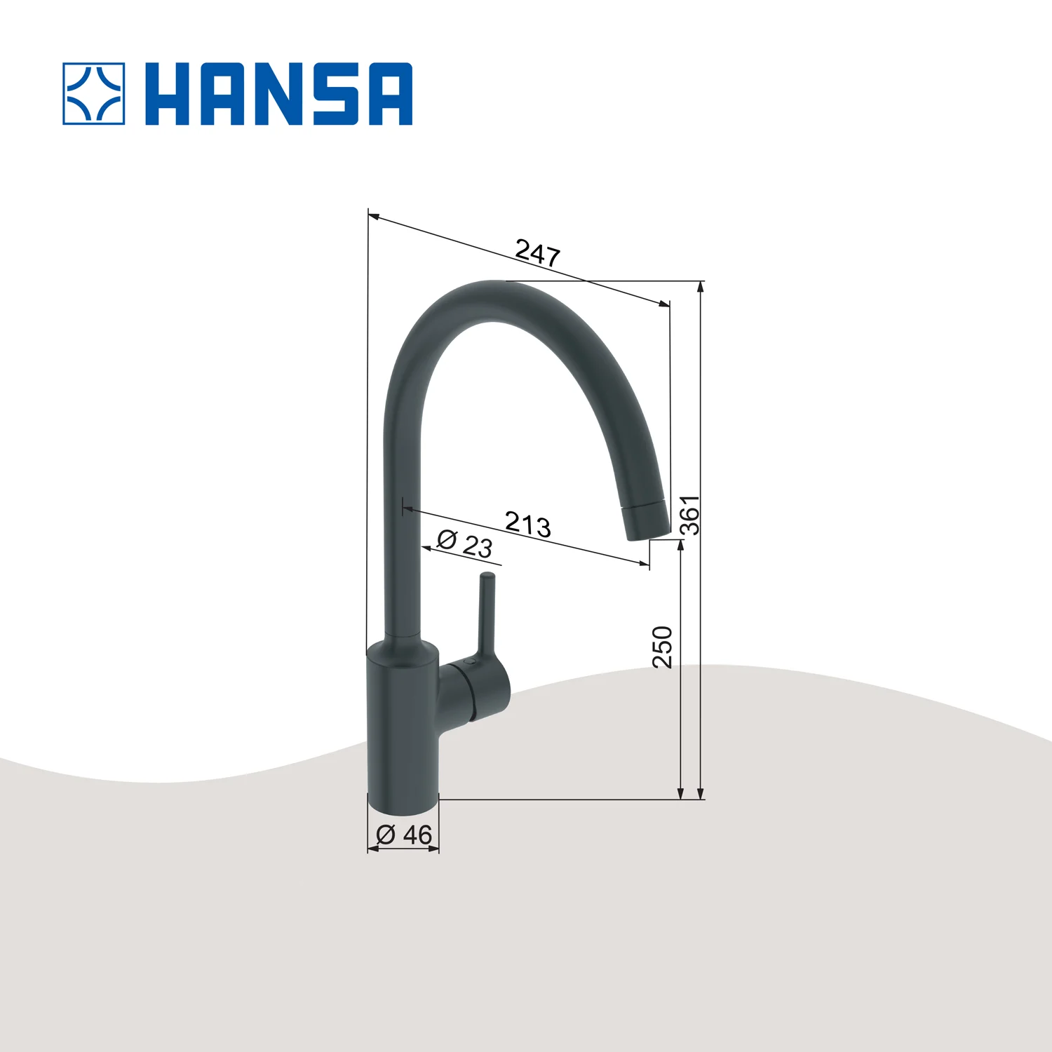 Rysunek techniczny czarnej baterii kuchennej, Hansa