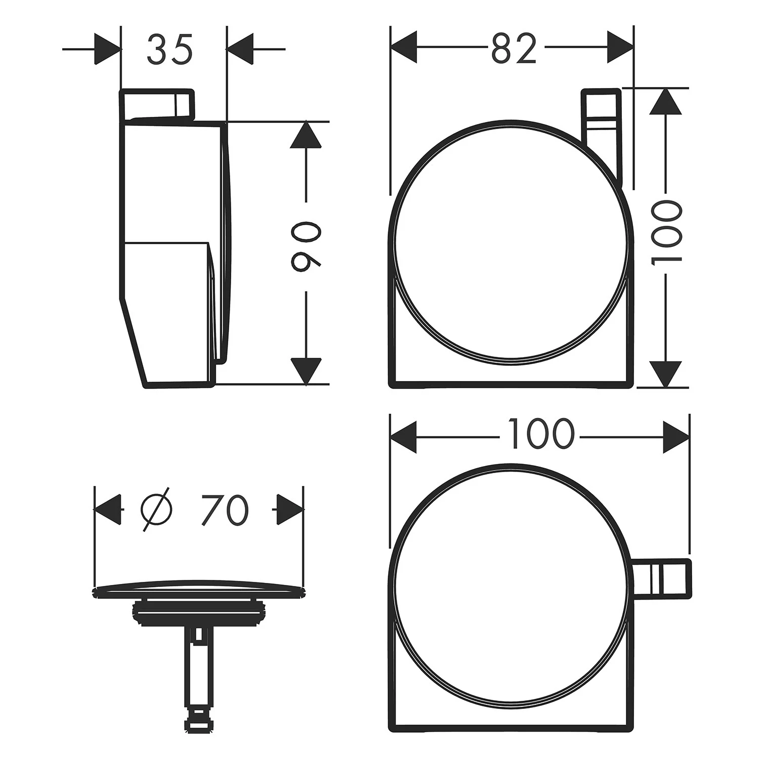 Rysunek techniczny systemu odpływowego z wymiarami, hansgrohe