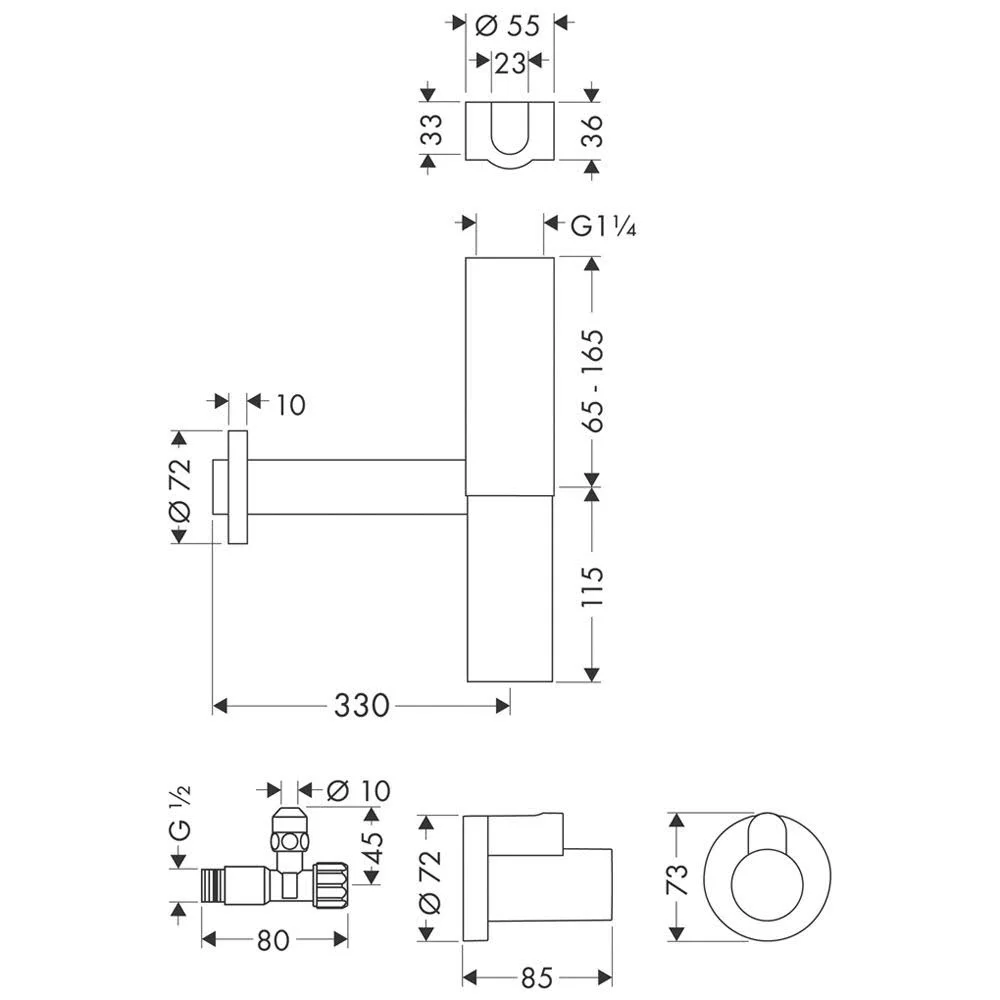 Rysunek techniczny syfonu z wymiarami, hansgrohe