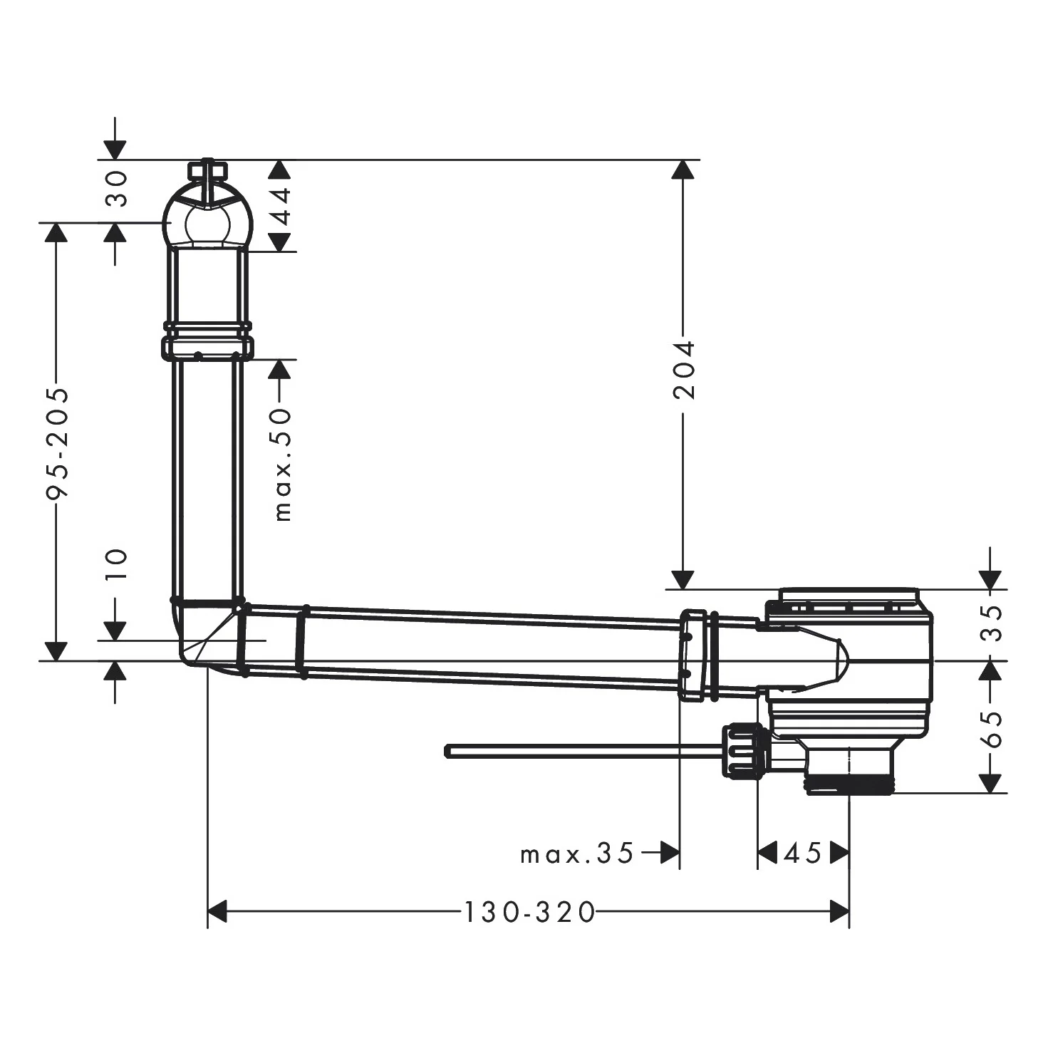 Rysunek techniczny złącza przelewowego z wymiarami, hansgrohe