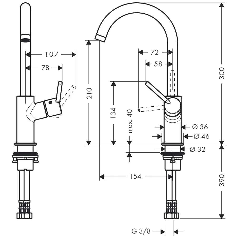 Rysunek techniczny baterii z wymiarami, hansgrohe