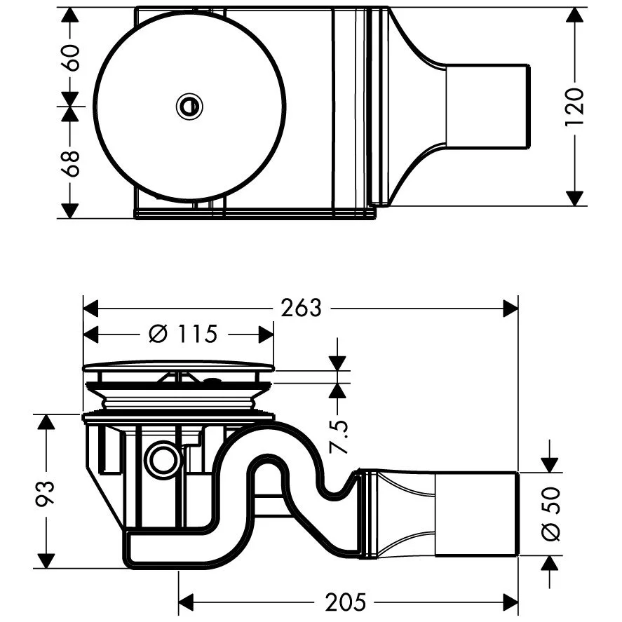 Rysunek techniczny złożonego systemu odpływowego z wymiarami, hansgrohe