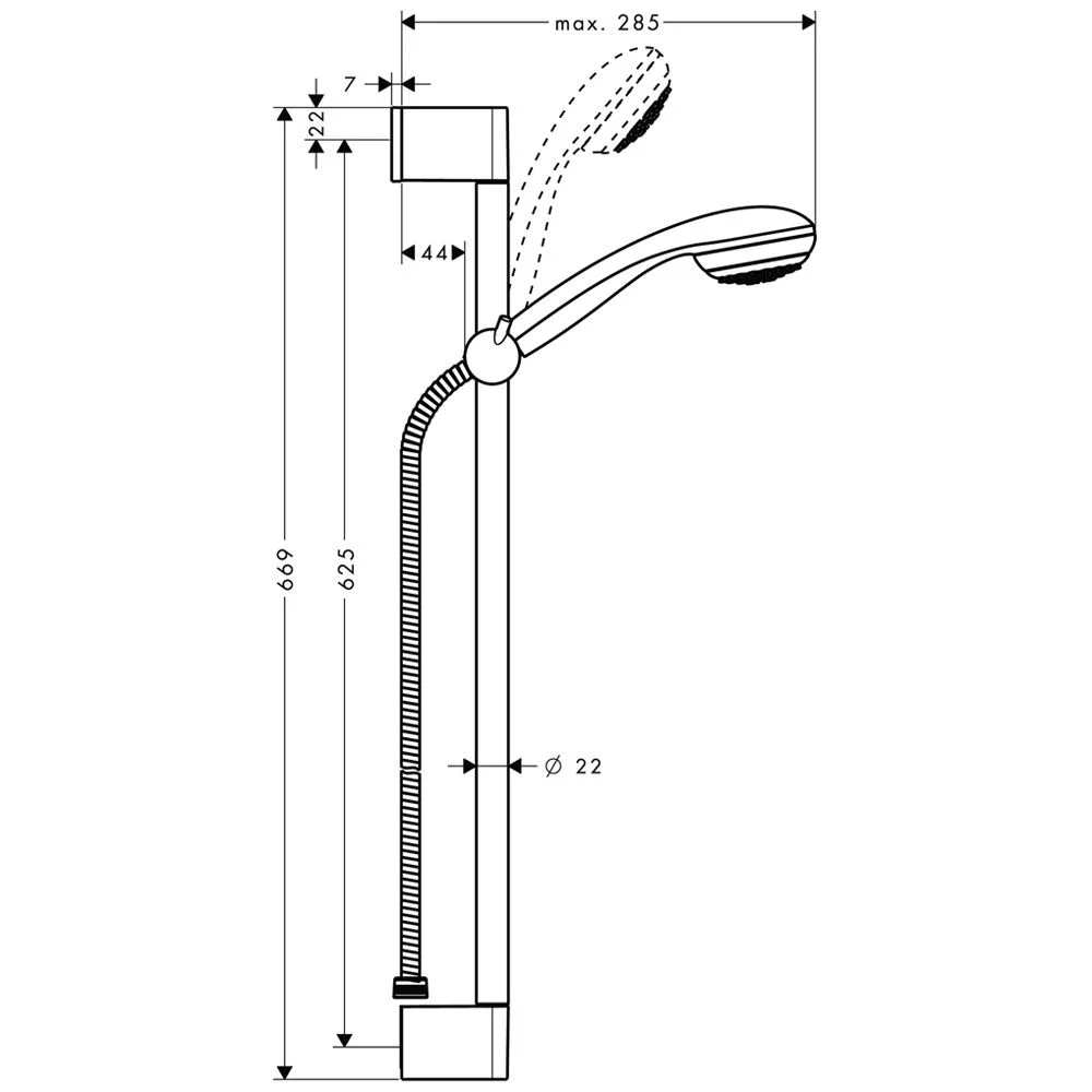 Rysunek techniczny zestawu prysznicowego z uchwytem, hansgrohe
