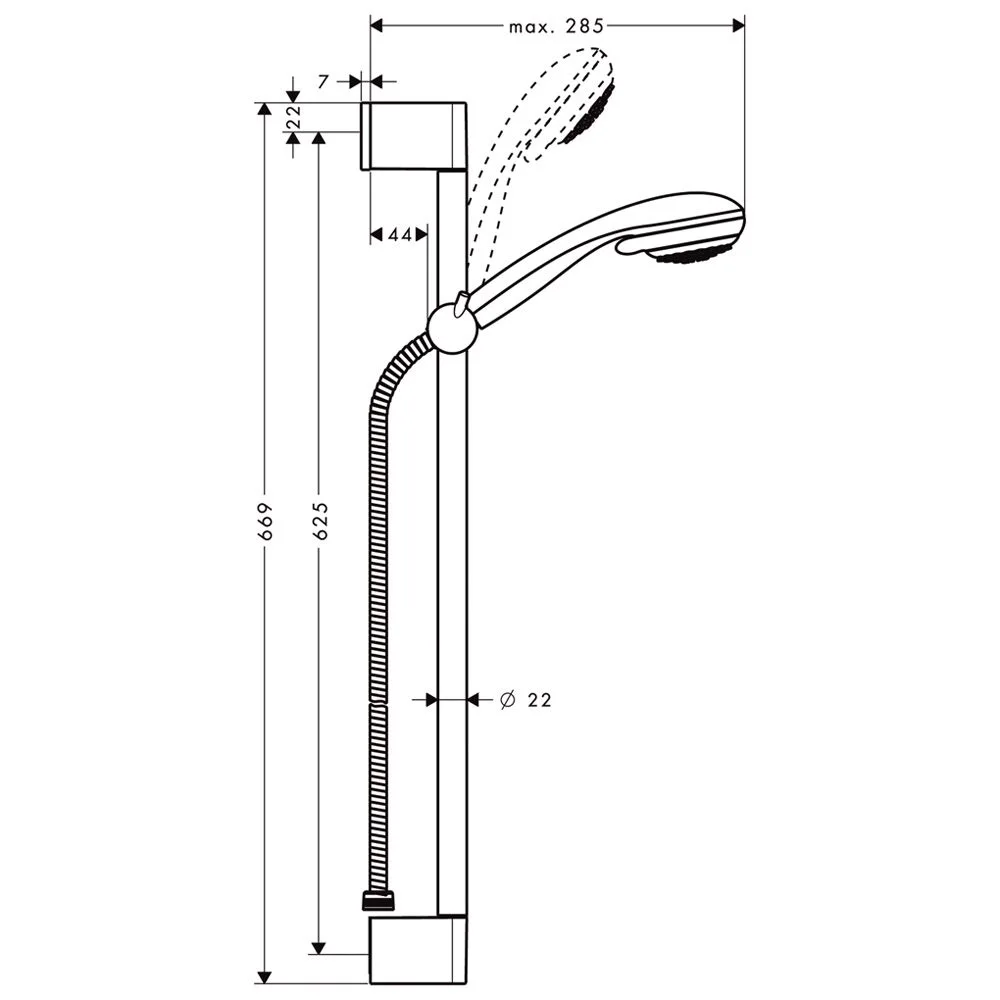 Rysunek techniczny zestawu prysznicowego z wymiarami, hansgrohe