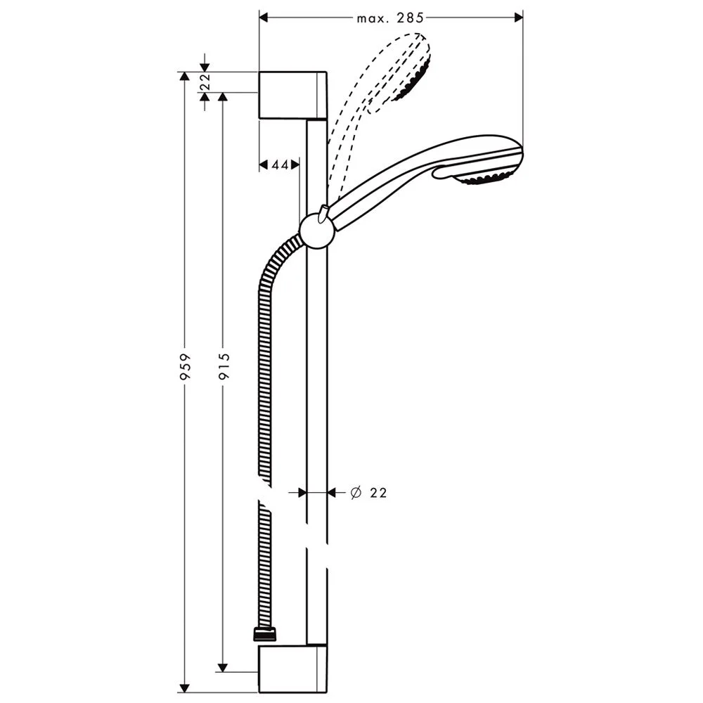 Rysunek techniczny zestawu prysznicowego z wymiarami, hansgrohe