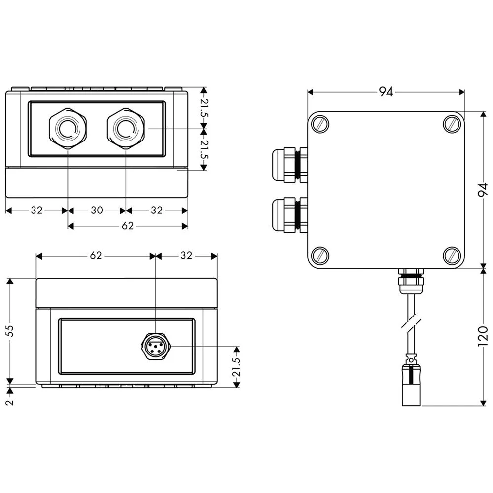 Rysunek techniczny armatury prysznicowej z wymiarami, hansgrohe