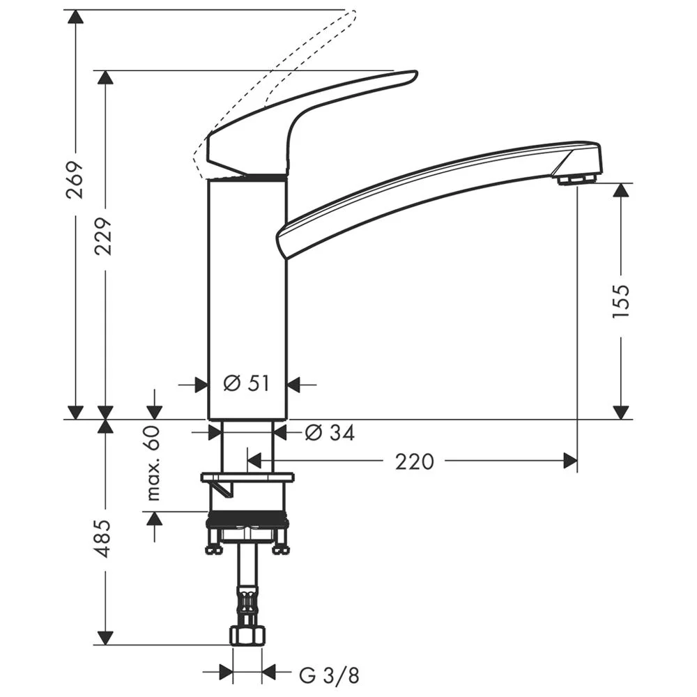Rysunek techniczny baterii kuchennej z wymiarami, hansgrohe