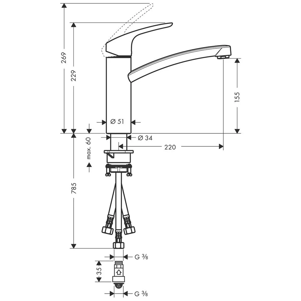 hansgrohe Focus M41 Einhebel-Küchenmischer 160, Niederdruck, offene Warmwasserbereiter, 1jet Bild 4