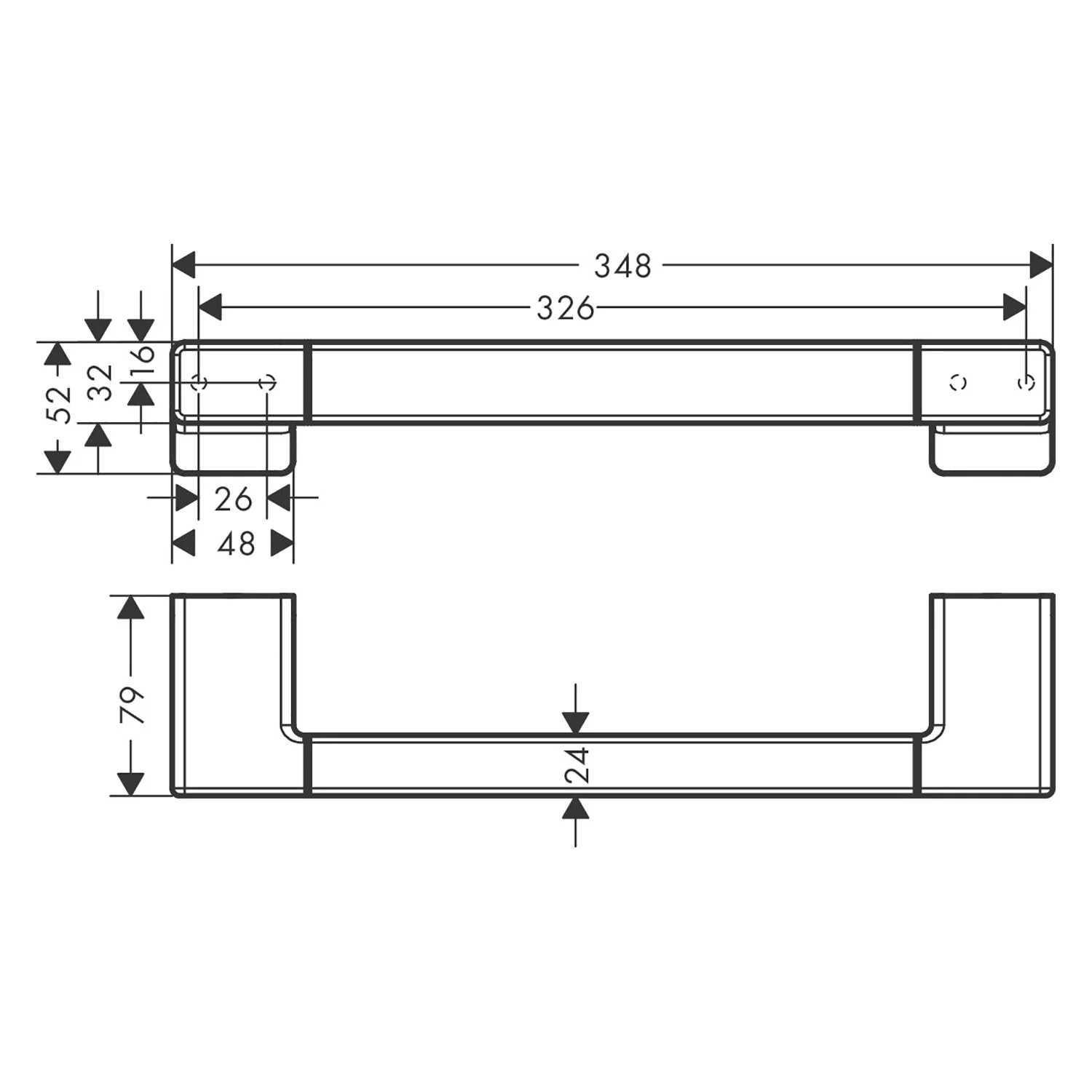 Rysunek techniczny uchwytu z wymiarami, hansgrohe