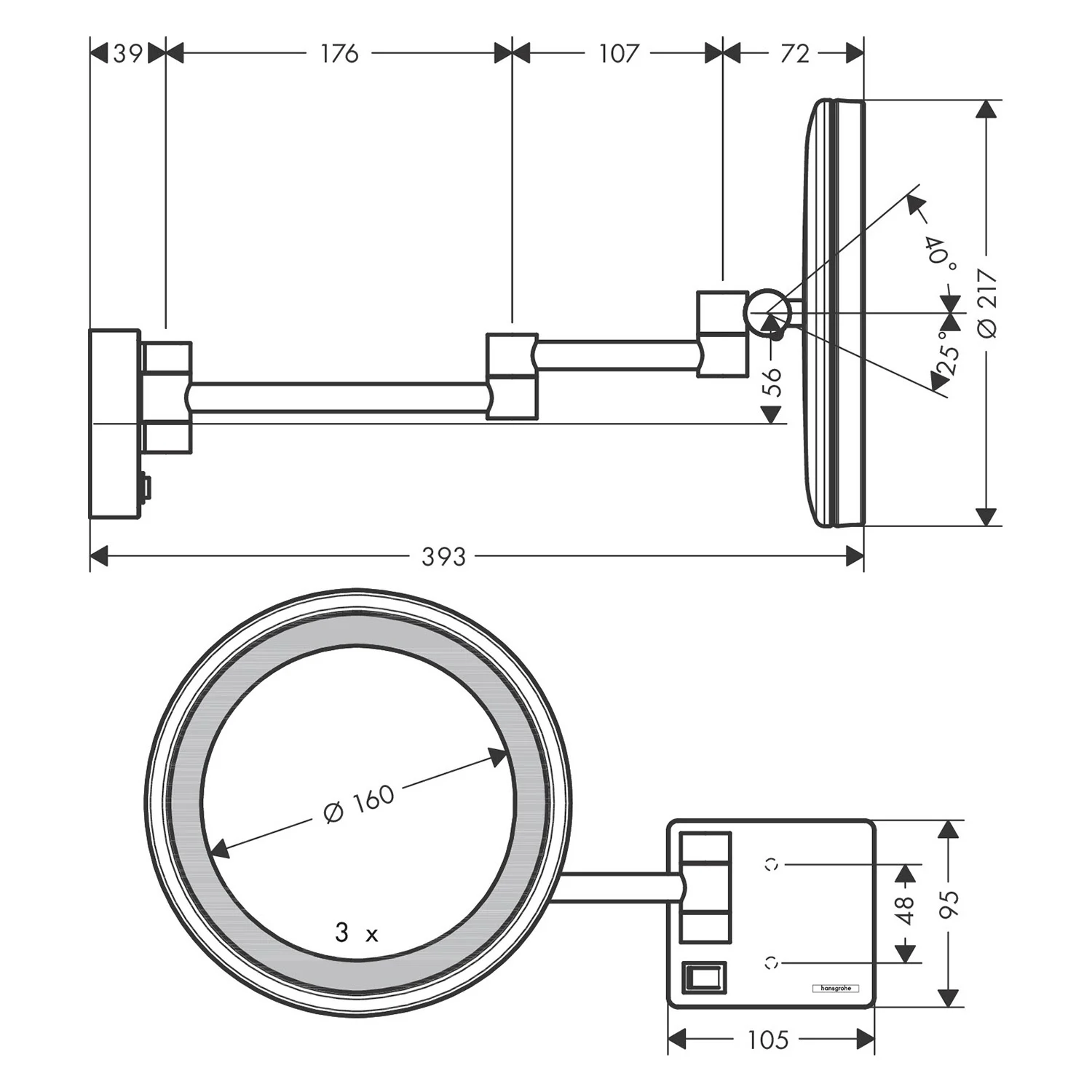 Rysunek techniczny lustra do golenia z wymiarami, hansgrohe