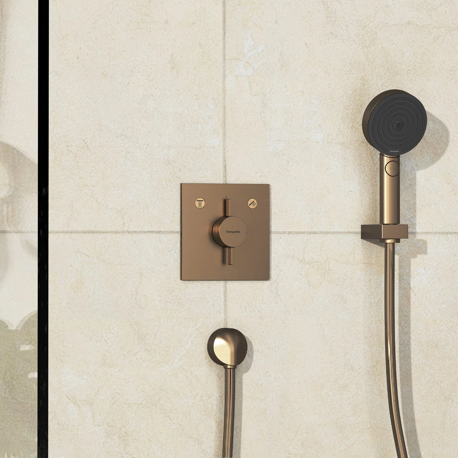 Brązowy mieszacz prysznicowy z rączką na ścianie, hansgrohe