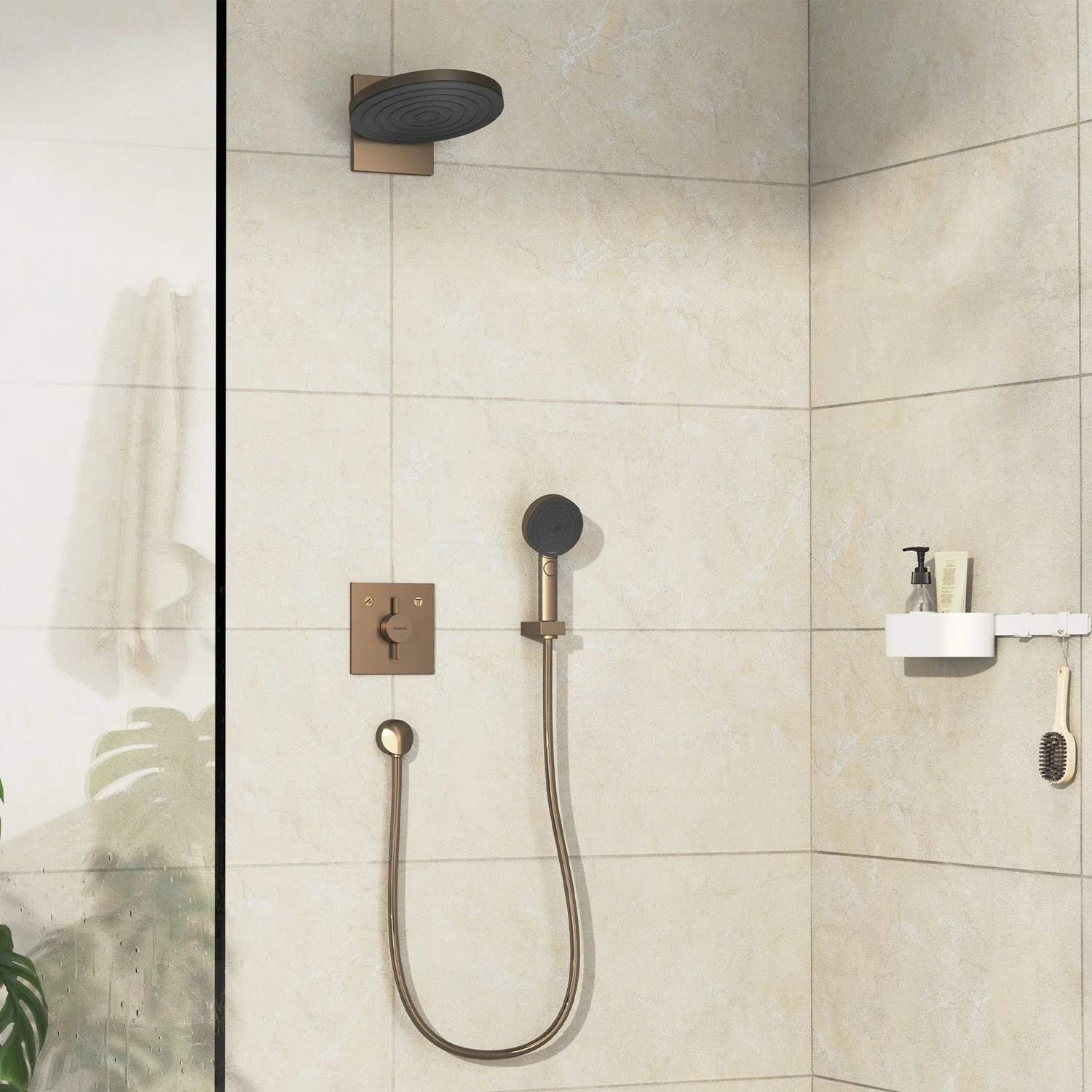 Prysznic z brązową armaturą i prysznicem, hansgrohe