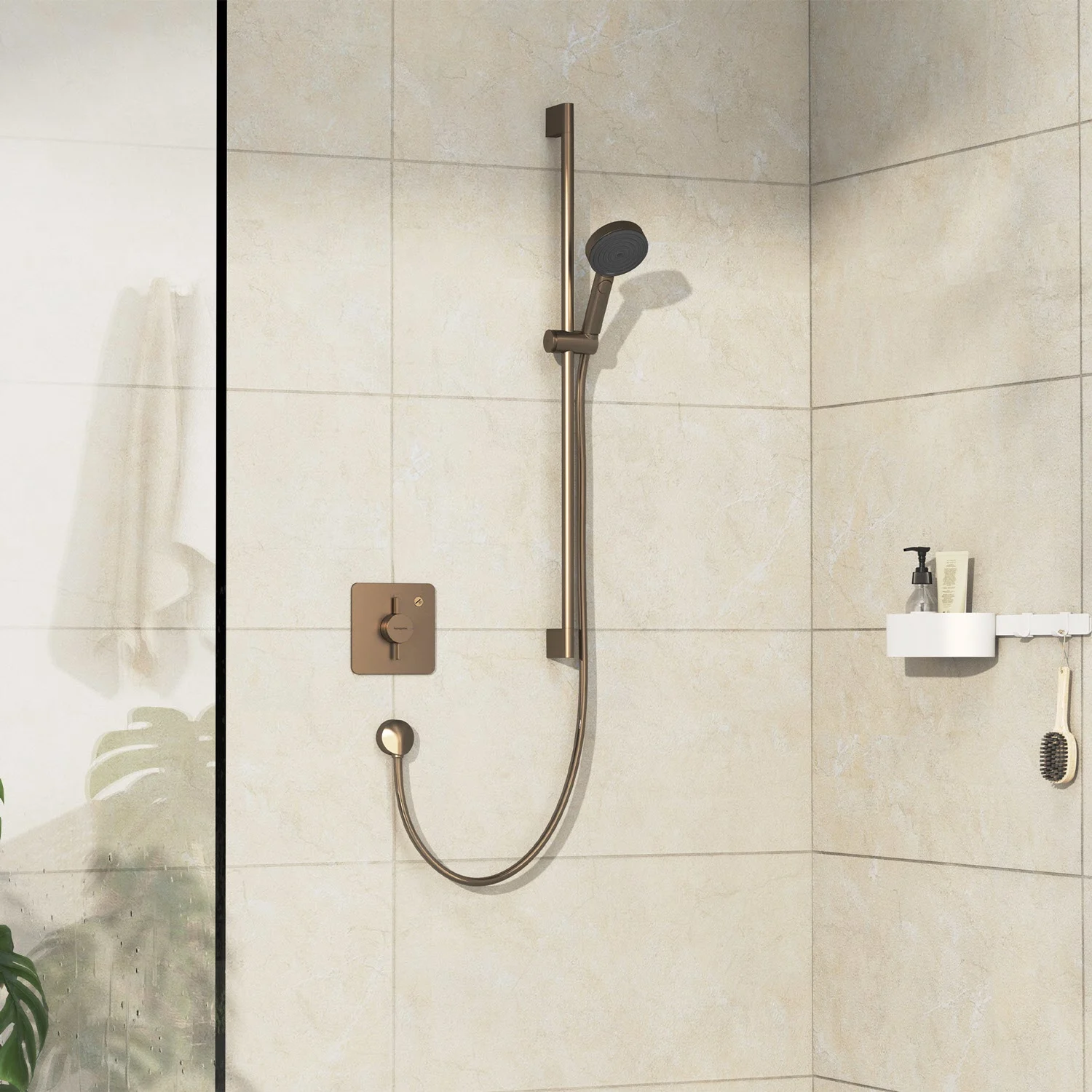 Brązowa armatura prysznicowa w kabinie prysznicowej, hansgrohe