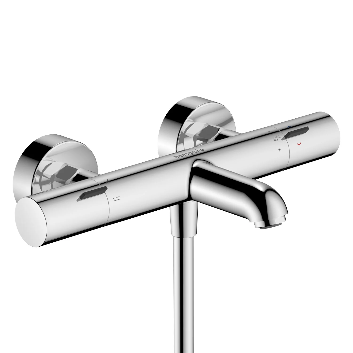 Chromowany termostat widok z przodu na białym tle, hansgrohe