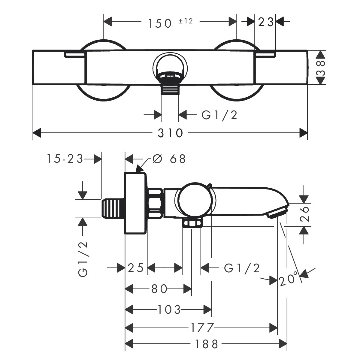 Rysunek techniczny systemu baterii termostatycznej, hansgrohe