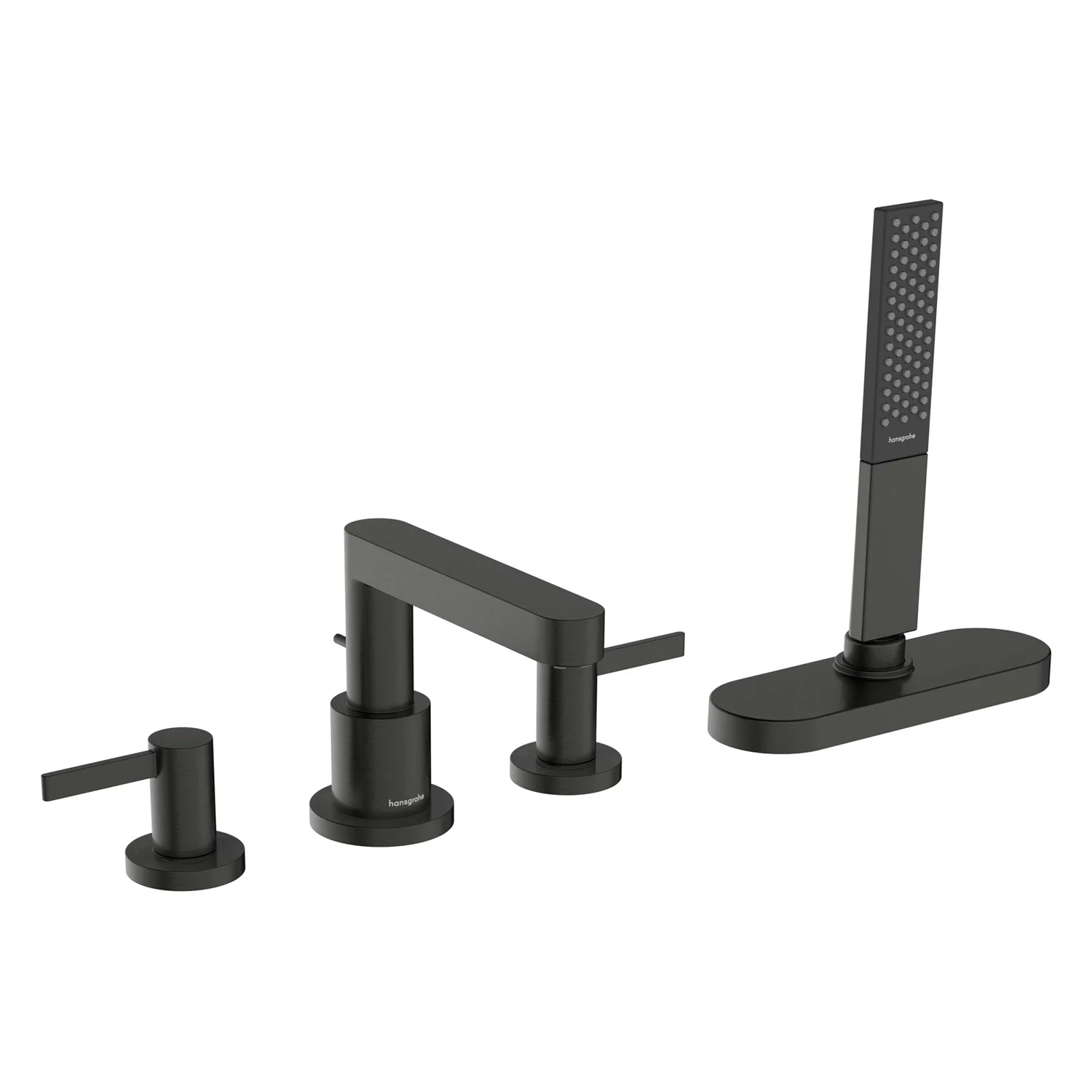Czarna bateria wannowa 4-otworowa zestaw widok z przodu, hansgrohe
