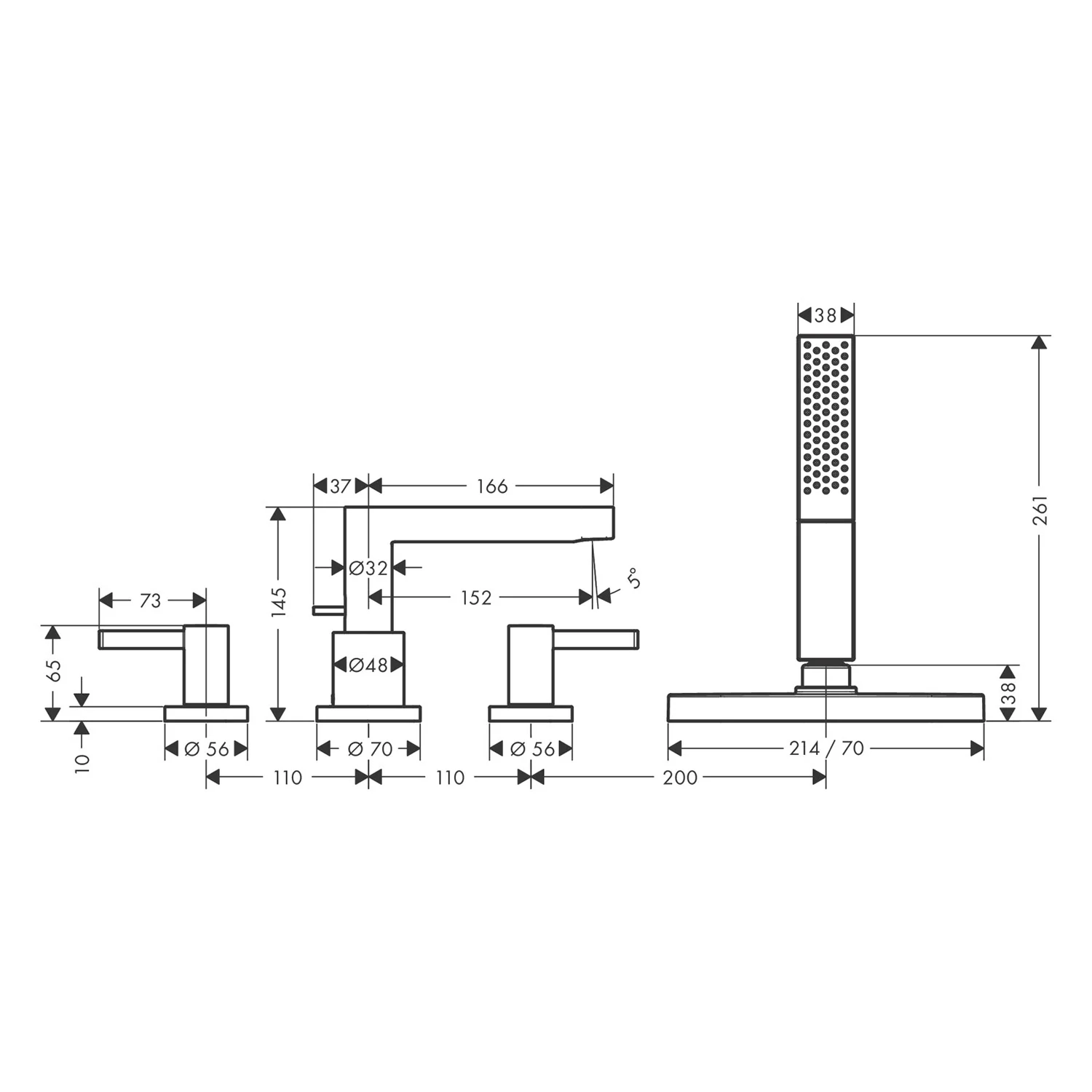 Rysunek techniczny baterii wannowej 4-otworowej, hansgrohe