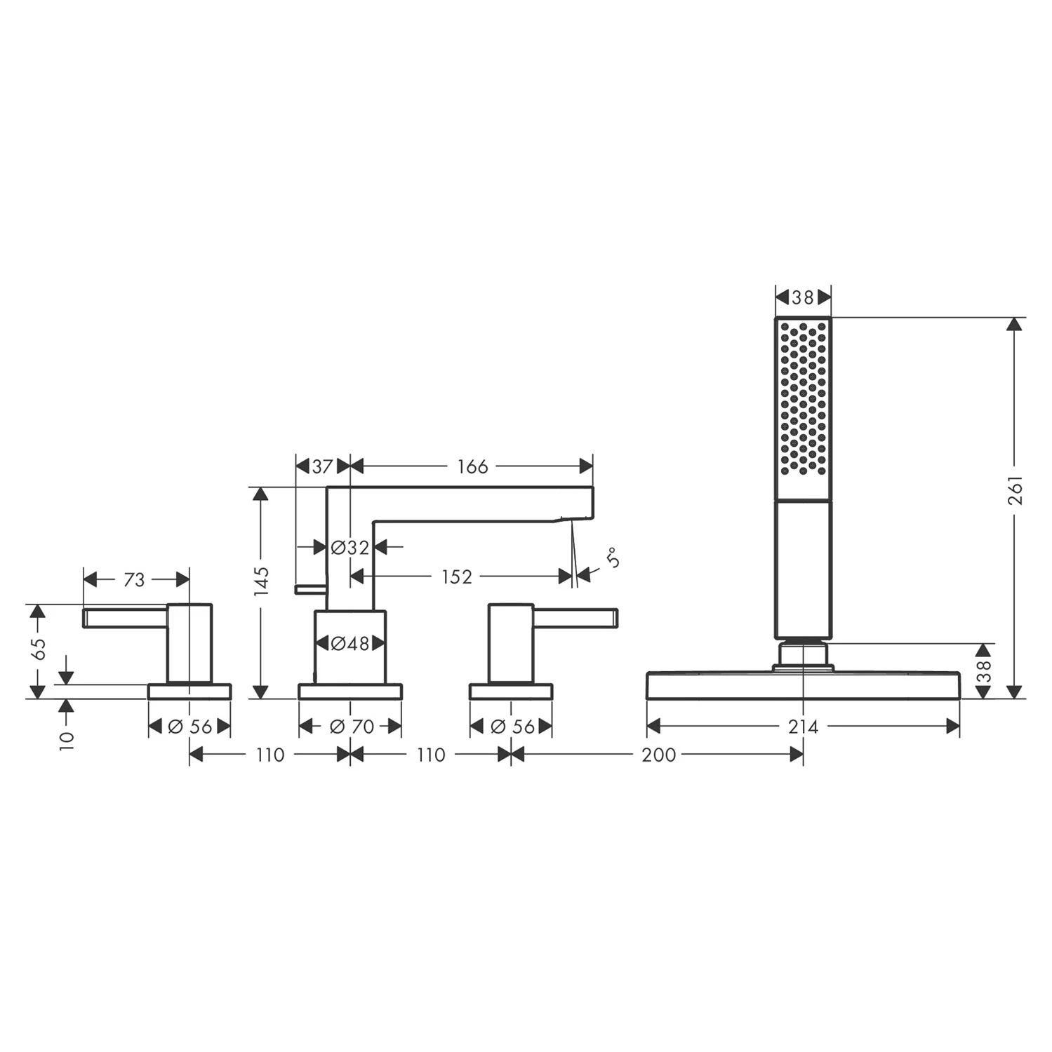 Rysunek techniczny baterii wannowej 4-otworowej, hansgrohe