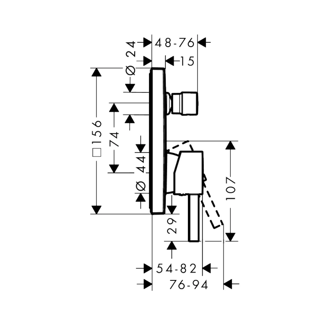 Rysunek techniczny baterii wannowej z wymiarami, hansgrohe