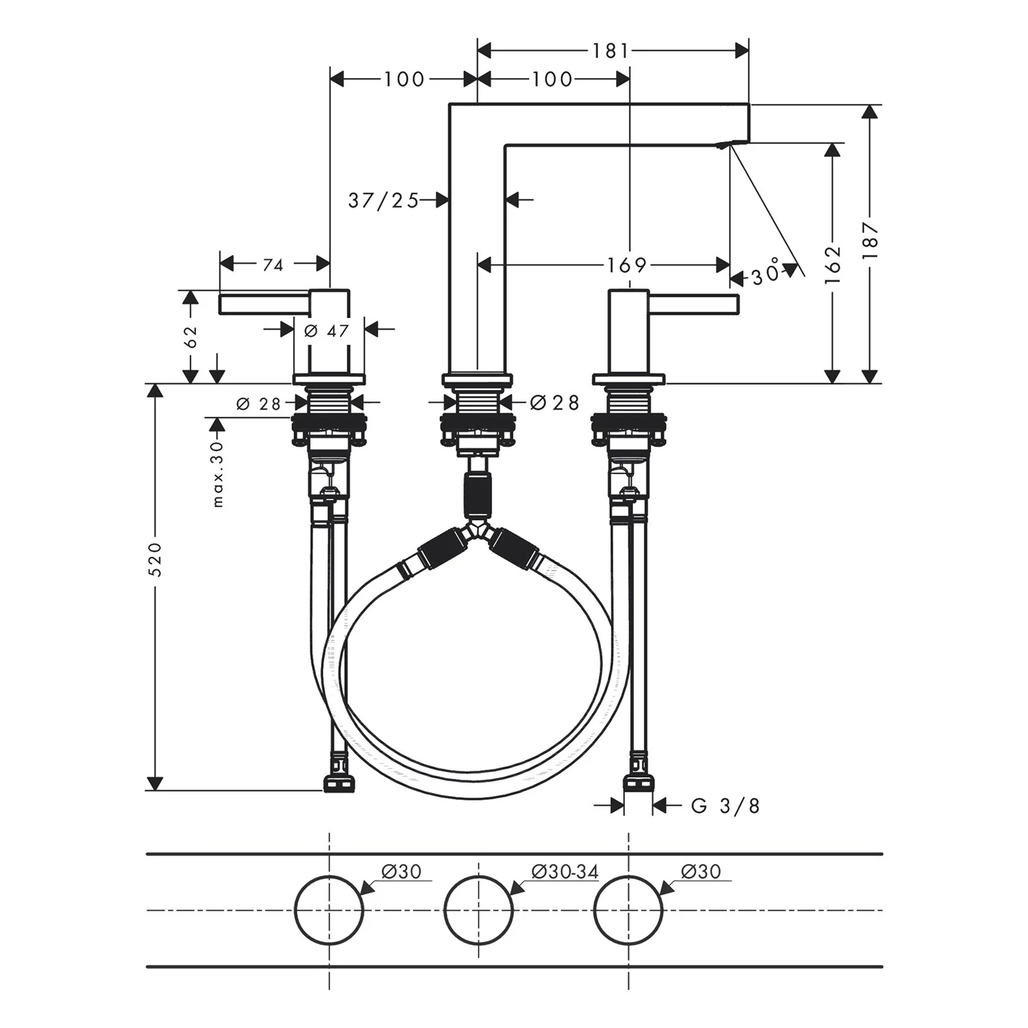 Rysunek techniczny baterii umywalkowej 3-otworowej z wymiarami, hansgrohe