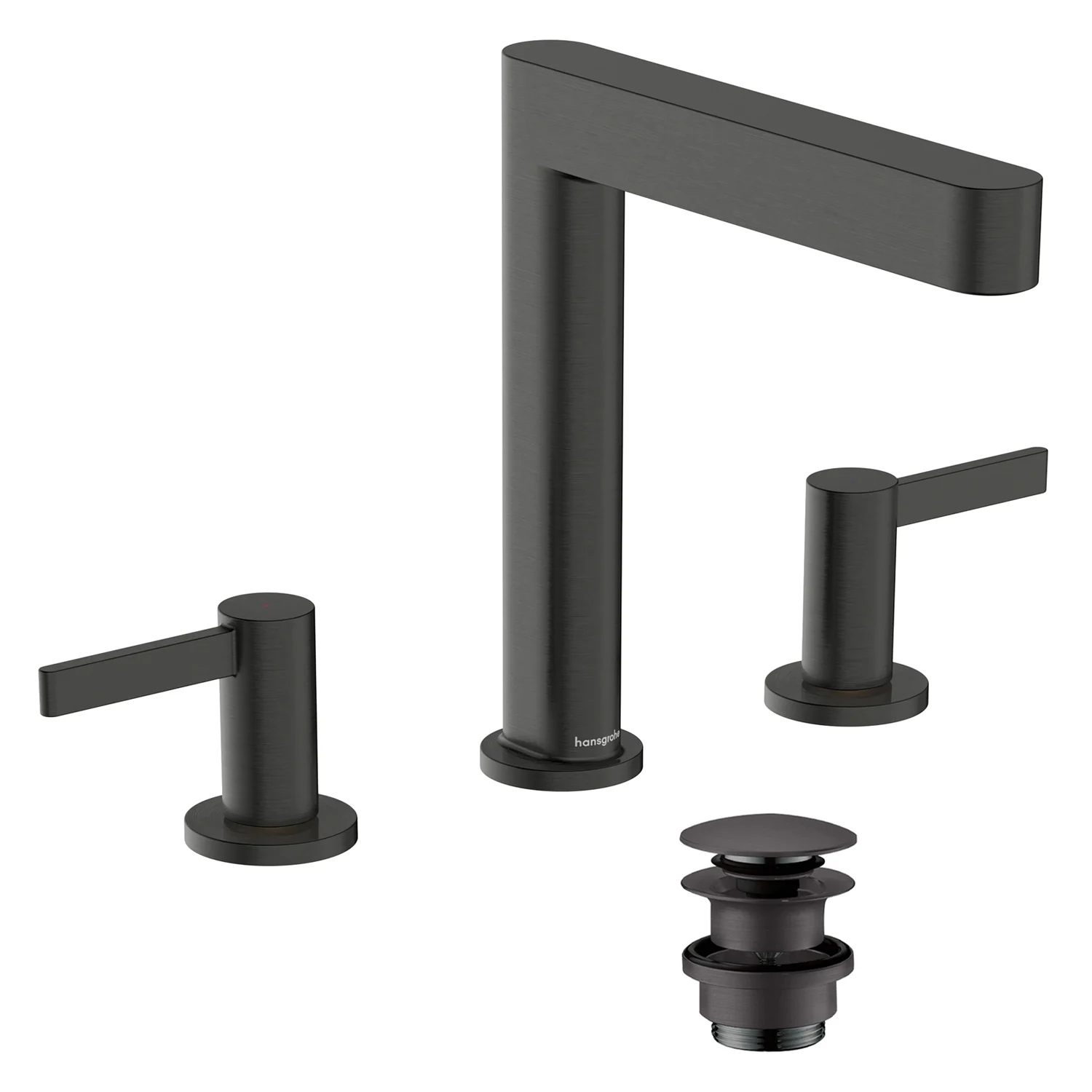 Trzyczęściowa bateria umywalkowa w czerni, widok z przodu, hansgrohe