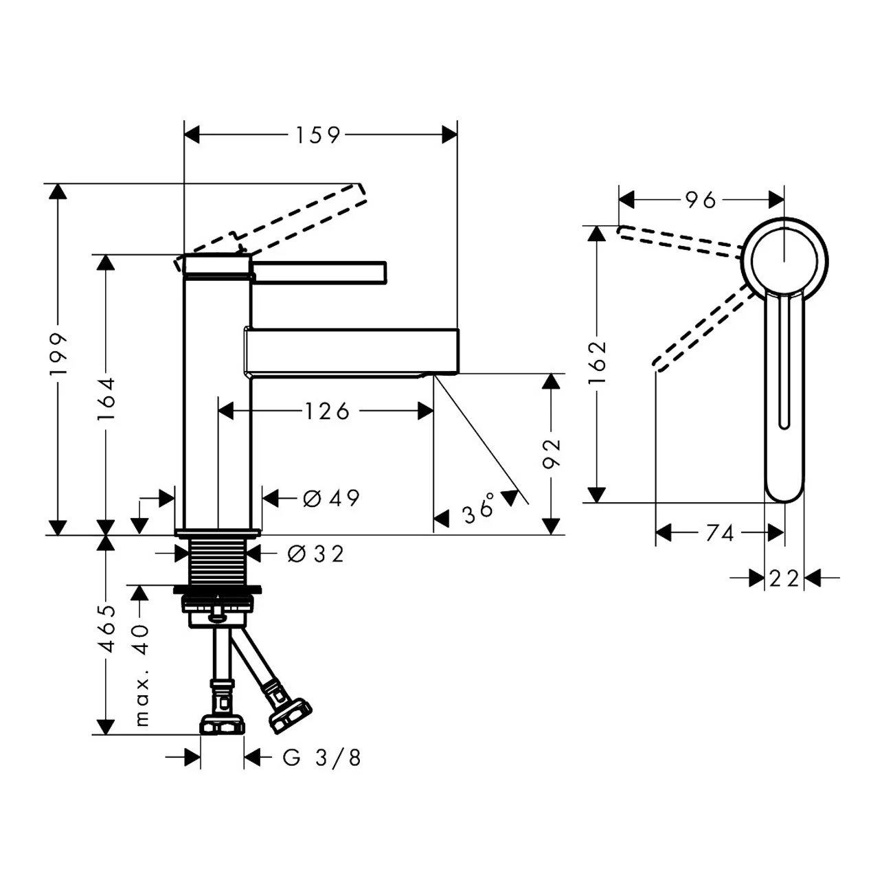 Rysunek techniczny baterii umywalkowej z wymiarami, hansgrohe