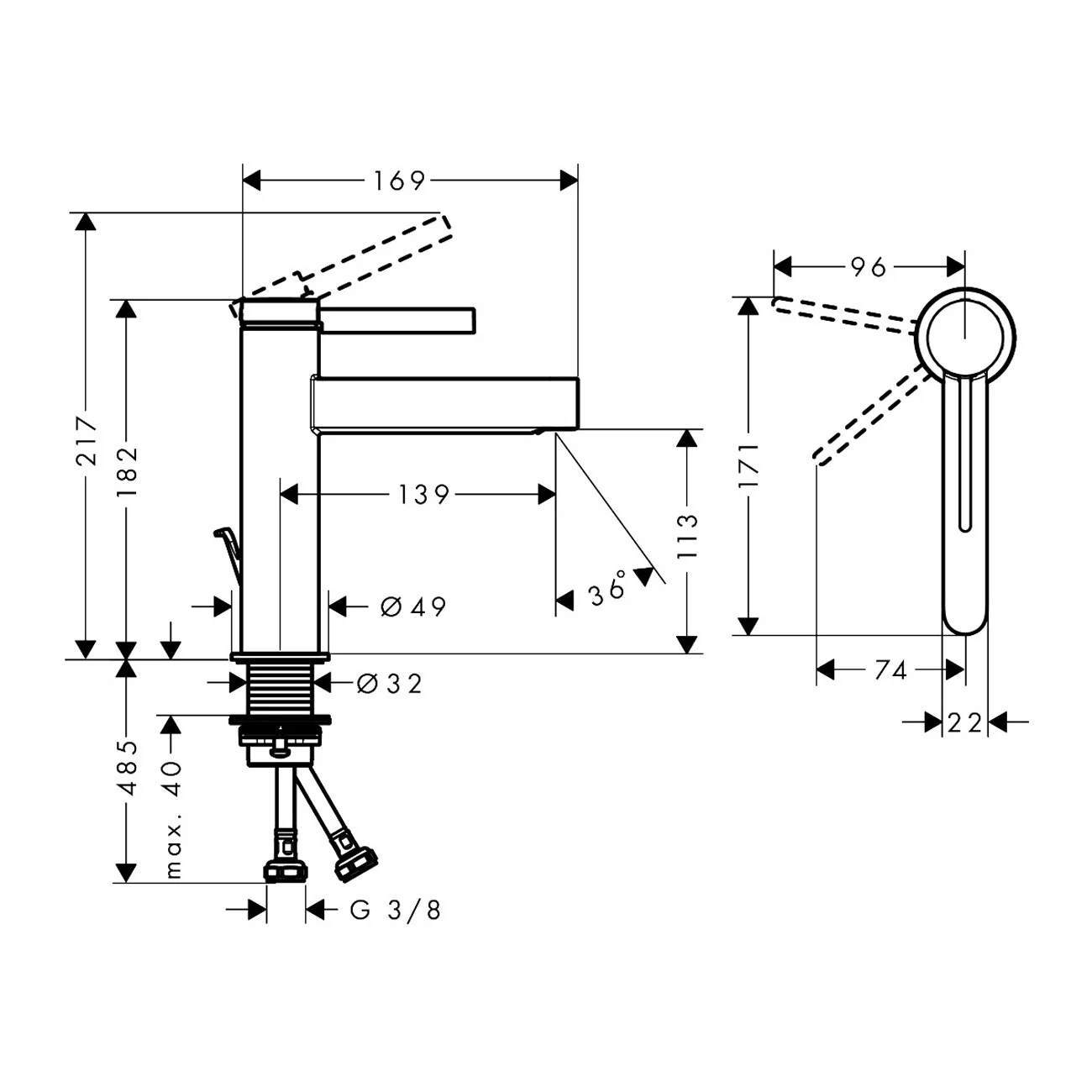 Rysunek techniczny baterii umywalkowej z wymiarami, hansgrohe