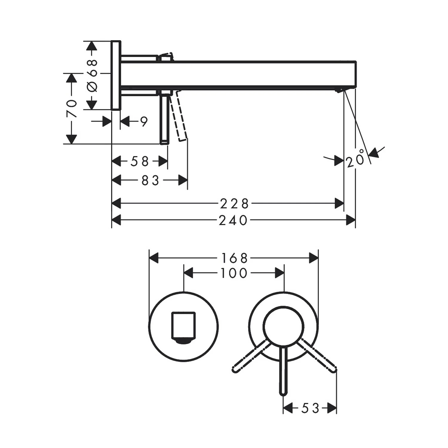 Rysunek techniczny baterii umywalkowej z wymiarami, hansgrohe