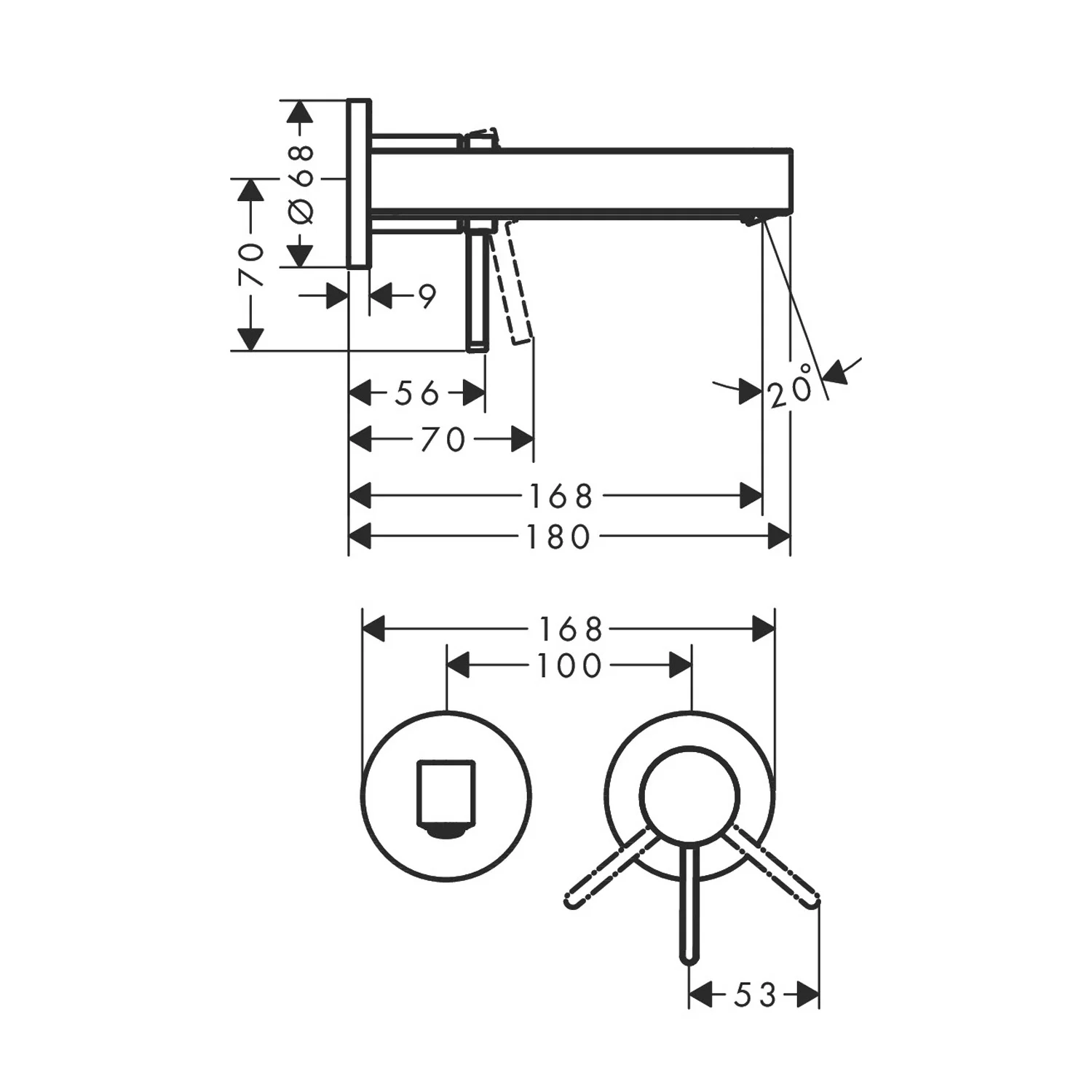 Rysunek techniczny baterii umywalkowej z wymiarami, hansgrohe